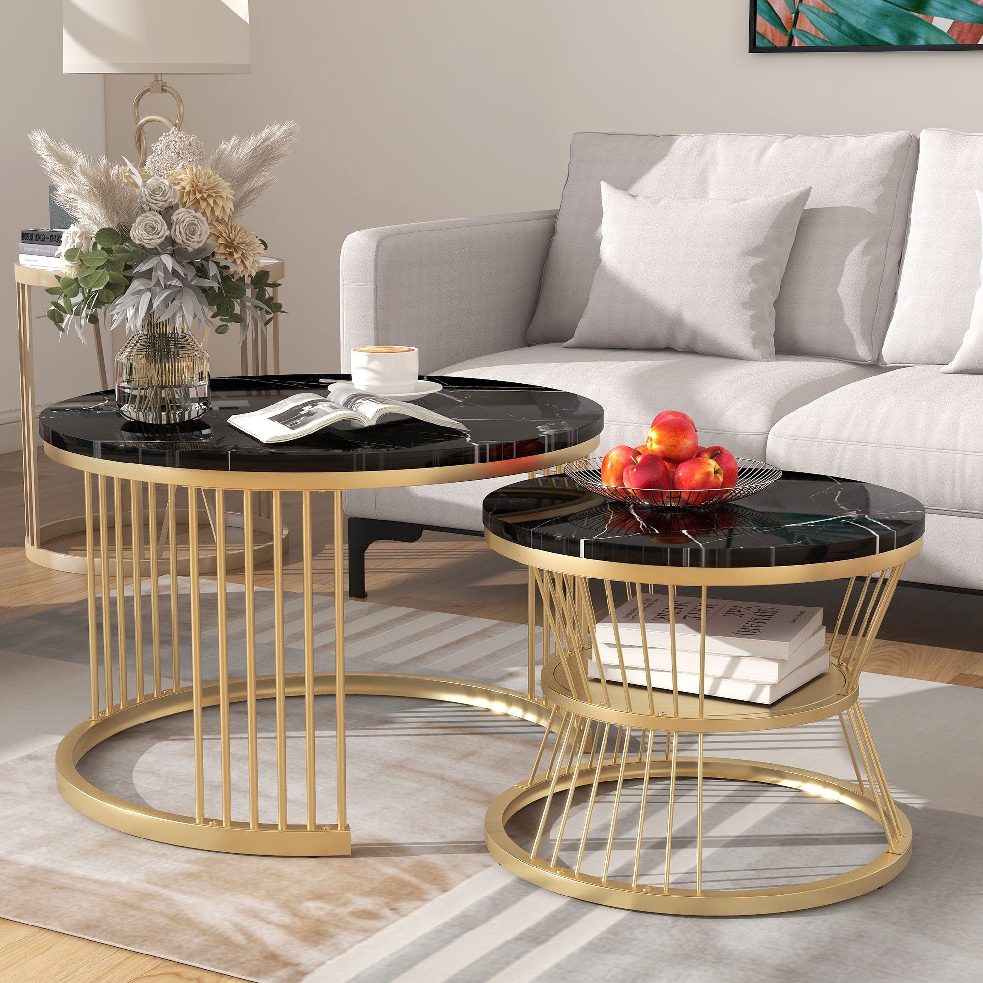 OKWISH Couchtisch und 2er Set, Beistelltisch (Hochglanz Tischplatte in Marmoroptik, Satztisch Holz), Satz von 2, Goldene Farbe Frame Schwarz+Gold