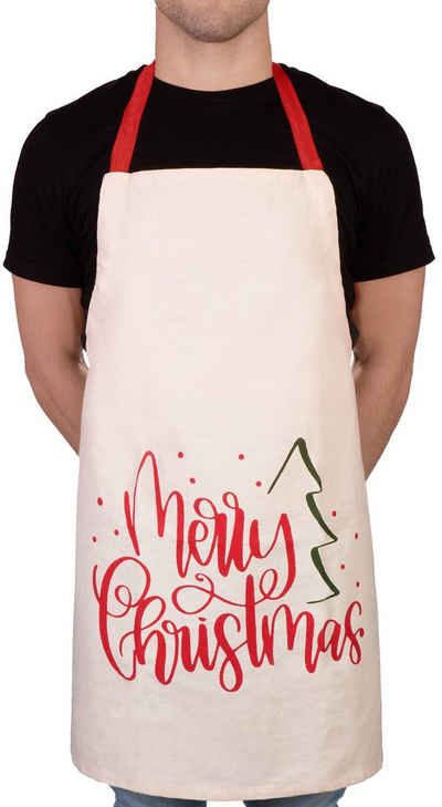 BRUBAKER Kochschürze Schürze - Merry Christmas - Weihnachten - Unisex Küchenschürze, (1-tlg., Baumwolle), One Size Weihnachtsschürze - Weiß Rot Grün mit Weihnachtsbaum