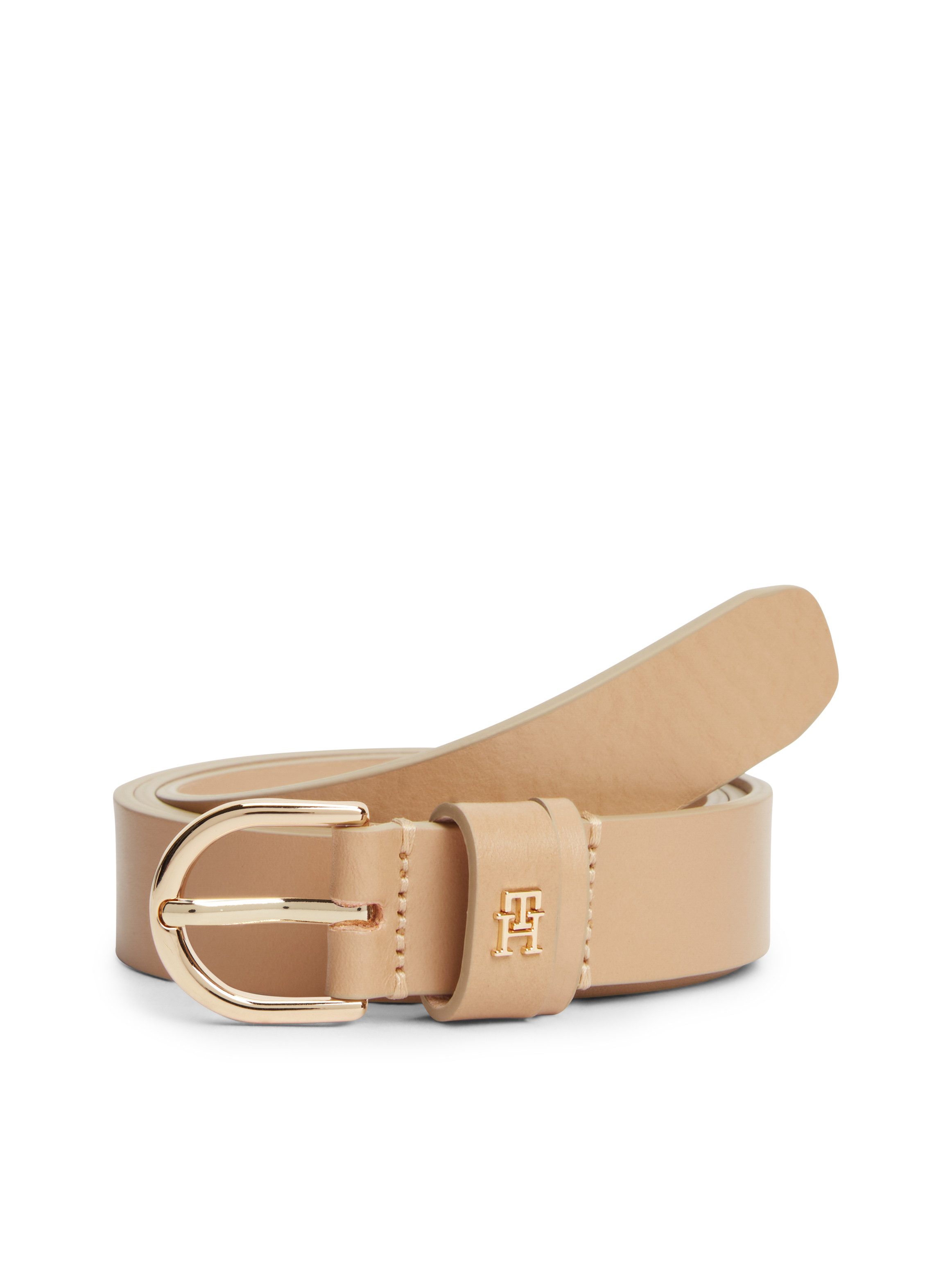 Tommy Hilfiger Ledergürtel ESSENTIAL EFFORTLESS 2.5 cm breit GOLD Logoemblem, weiche Haptik, ovale Einfachdornschließe