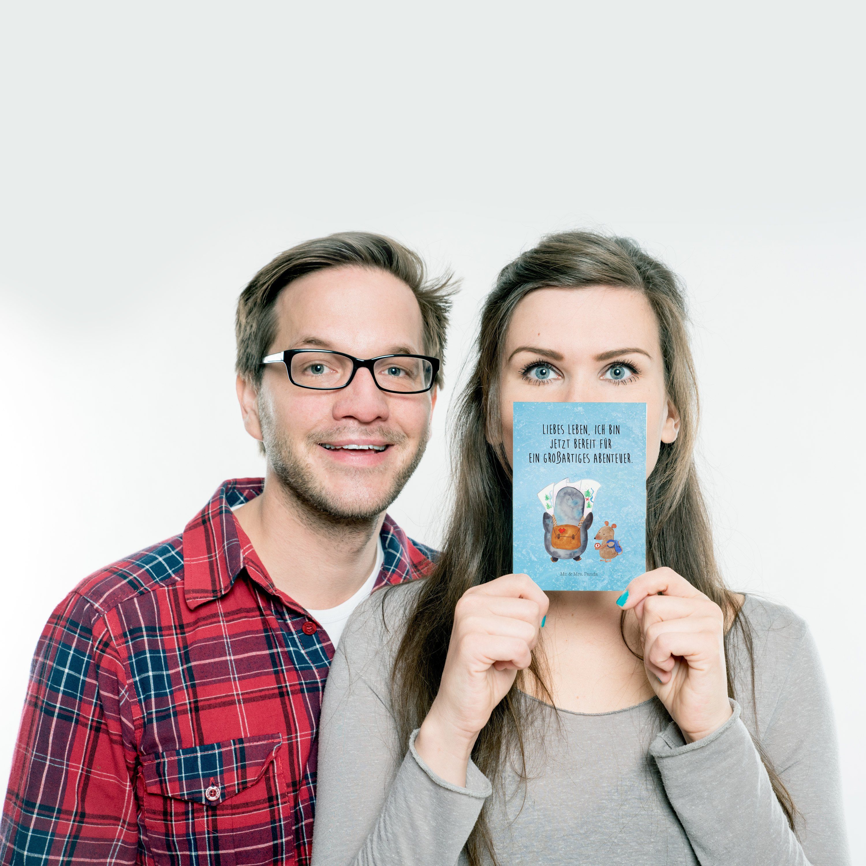 Wanderer Mr. & Postkarte Panda - Eisblau Mrs. Maus Pinguin & Wanderlust, Geschenk, Abenteuer -