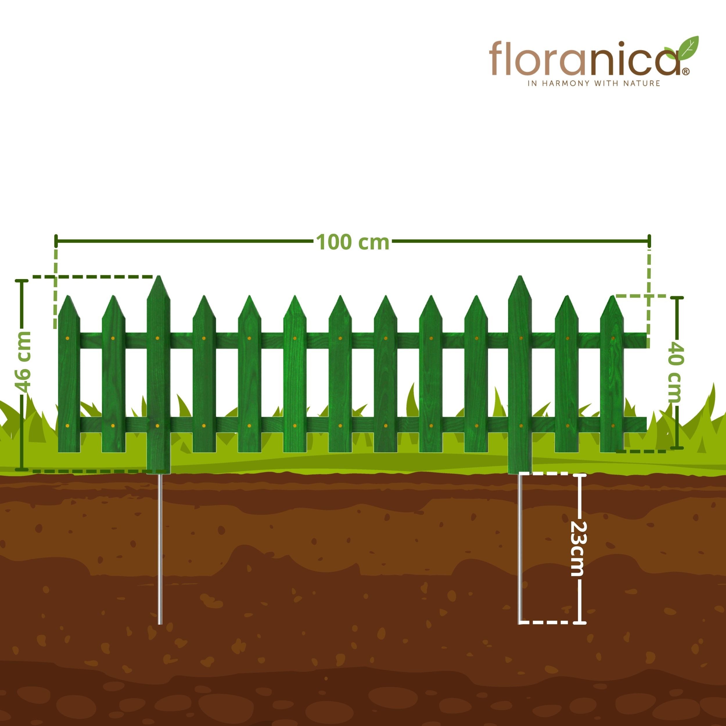 Floranica Zierzaun Vorgartenzaun Steckzaun Gartenzaun Zierzaun Lattenzaun Friesenzaun, (40 x 100 cm, 3-St., Grün), Blummen Beeten Zaun aus Holz mit Metalpfosten, Beetabgrenzung