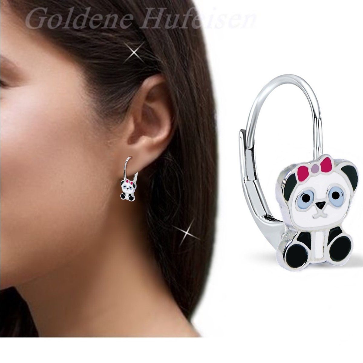 Goldene Hufeisen Panda Mädchen Ohrringe Silber, 925 Ohrhänger Kinderschmuck Brisur Paar Kinder