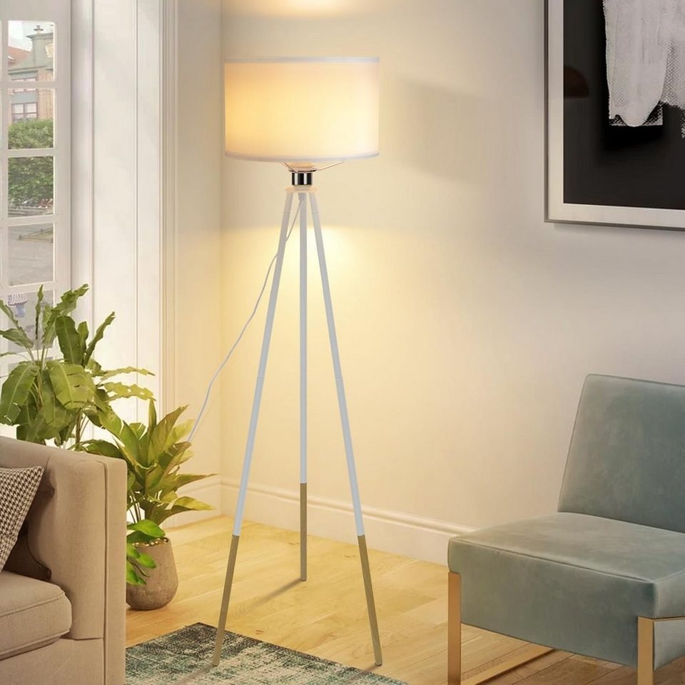 Nettlife Stehlampe Wohnzimmer Schlafzimmer Weiß mit Holz Modern Stehleuchte  E27 Fassung, ohne Leuchtmittel, Stoff Schirm