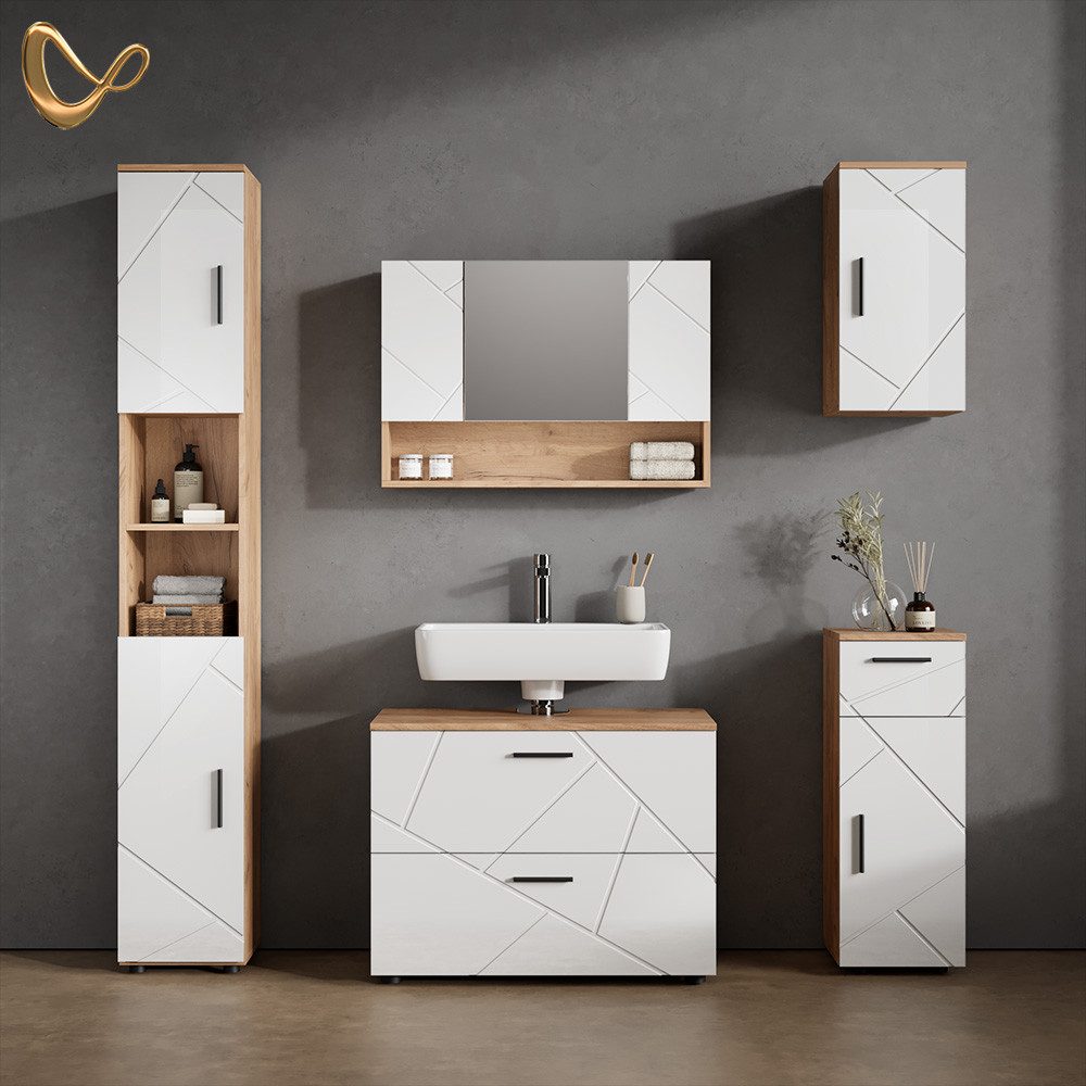 Livinity® Waschbeckenunterschrank Ronco, Weiß Hochglanz/Goldkraft Eiche/Gol günstig online kaufen