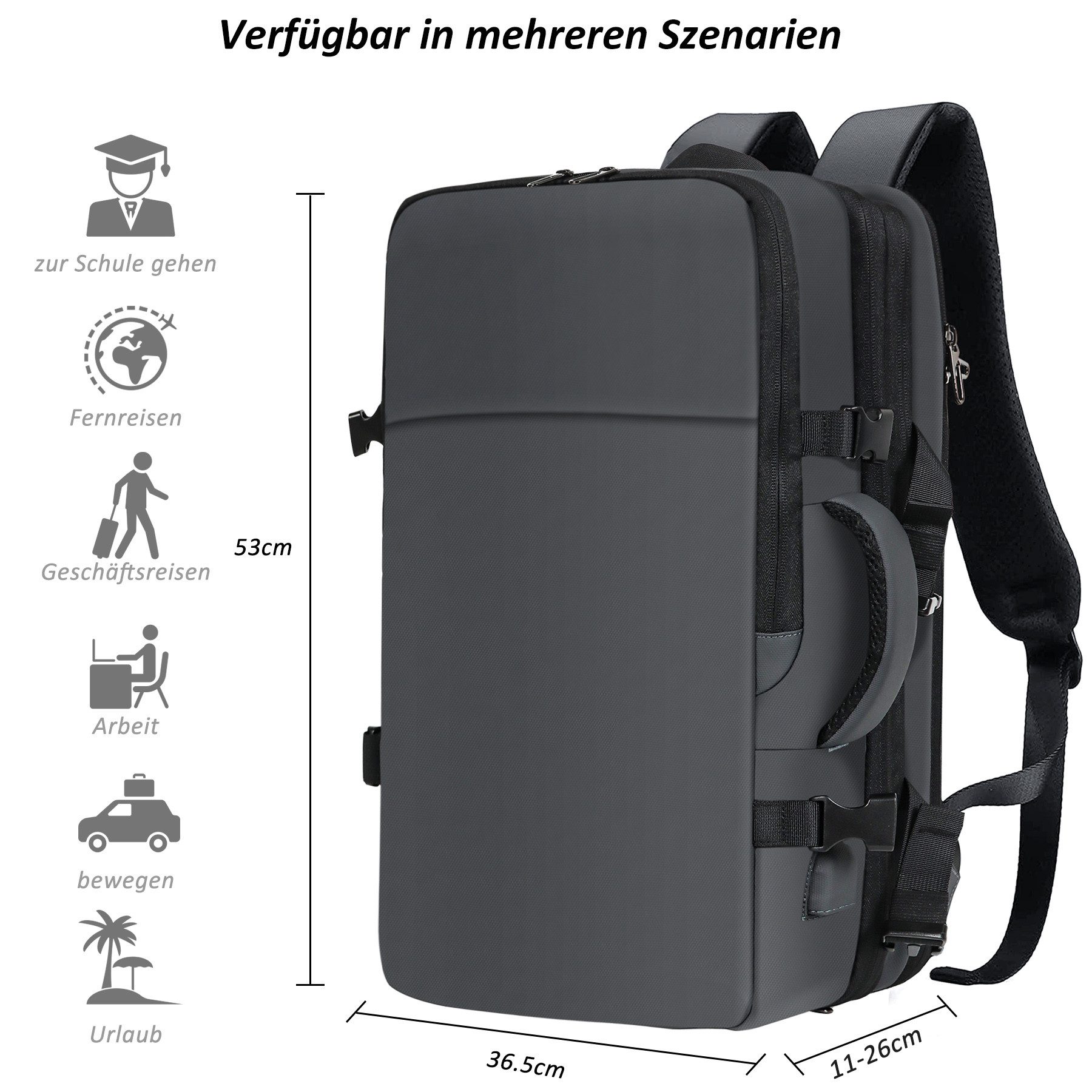 TAN.TOMI Reiserucksack 50L Handgepäck Reiserucksack Flugzeug, Groß 17 Zoll Laptoprucksack (Erweiterbar Diebstahlsicher Wasserabweisend Daypack), Business Reiser – Bild 3 von 5
