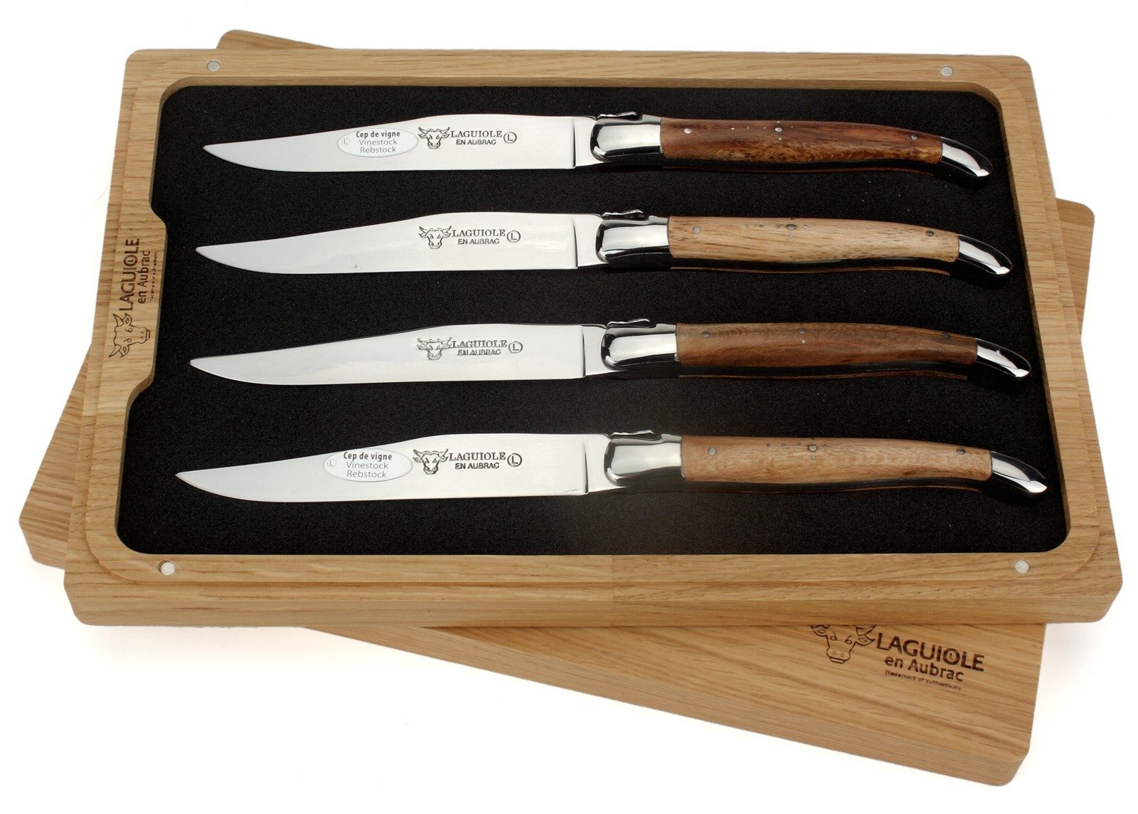 Laguiole en Aubrac Стейк ножи 42C99CVIH 4er Set - Griff Weinrebe - Backen glänzend - Klinge glänzend - Holzbox