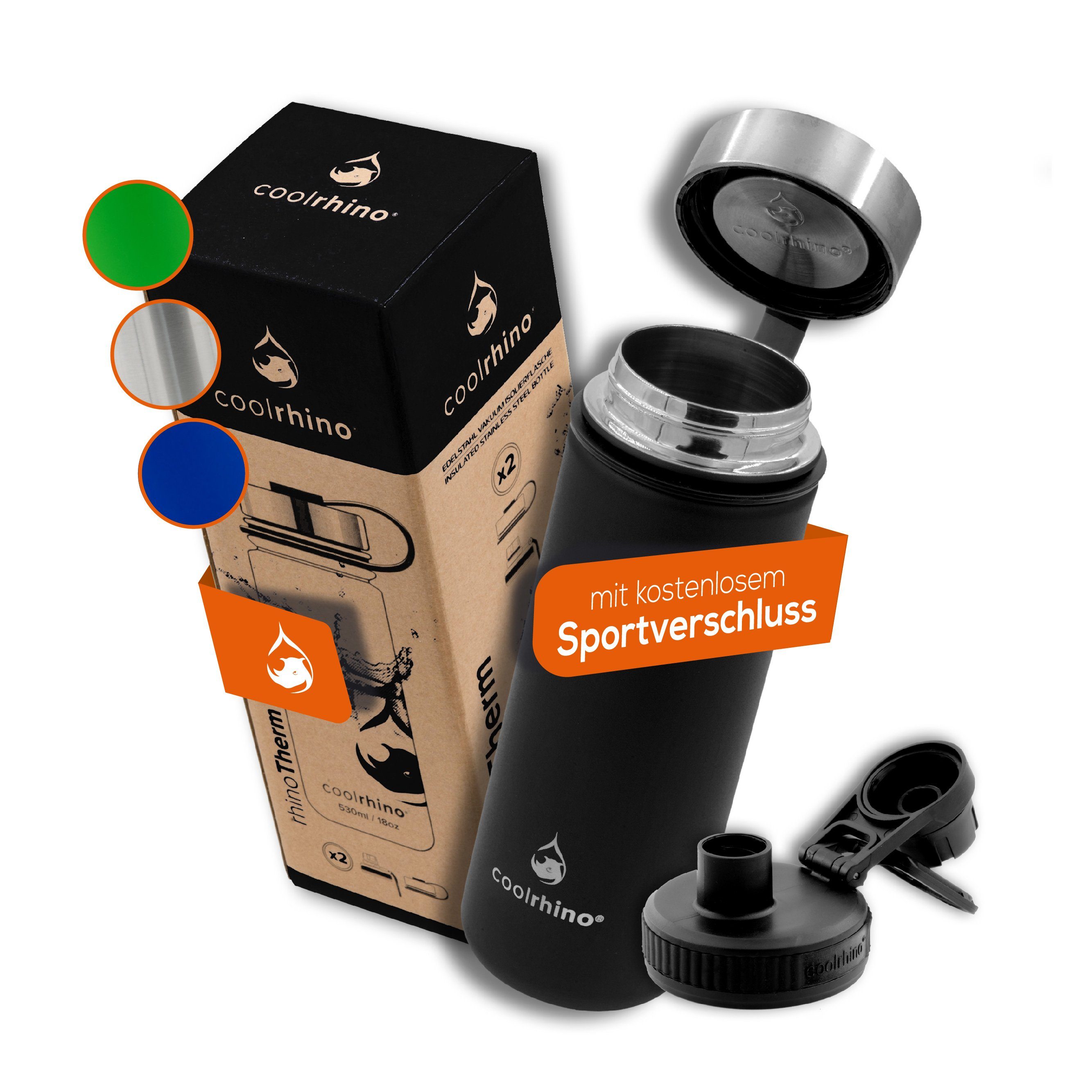 coolrhino Isolierflasche rhinoTherm Edelstahl Trinkflasche 530 ml / 950 ml, Kohlensäure geeignet, BPA-frei Thermosflasche doppelwandig