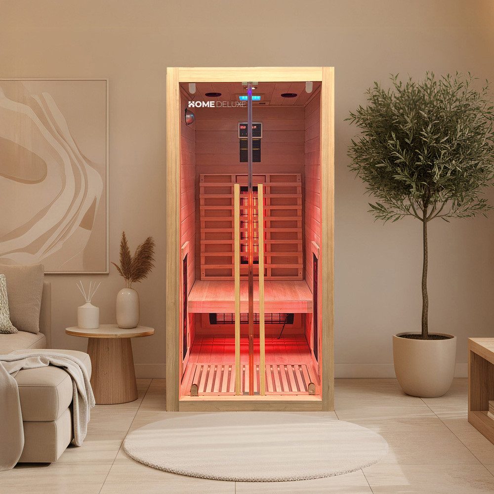 HOME DELUXE Infrarotkabine SONORA, BxTxH: 90 x 90 x 190 cm, (FM-Radio mit MP3-Funktion, LED-Farblicht, inkl. Ionisator mit Ozondesinfektion) 4 Vollspektrumstrahler, für 1 Person, hochwertiges Hemlockholz