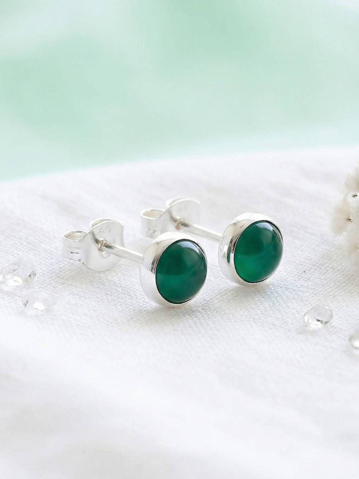 mantraroma Paar Ohrstecker SAMA rund klein aus 925 Silber mit grünen Onyx (Paar, Paar Ohrringe mit Schmuckbeutel), 925 Sterling Silber Ohrringe für Damen