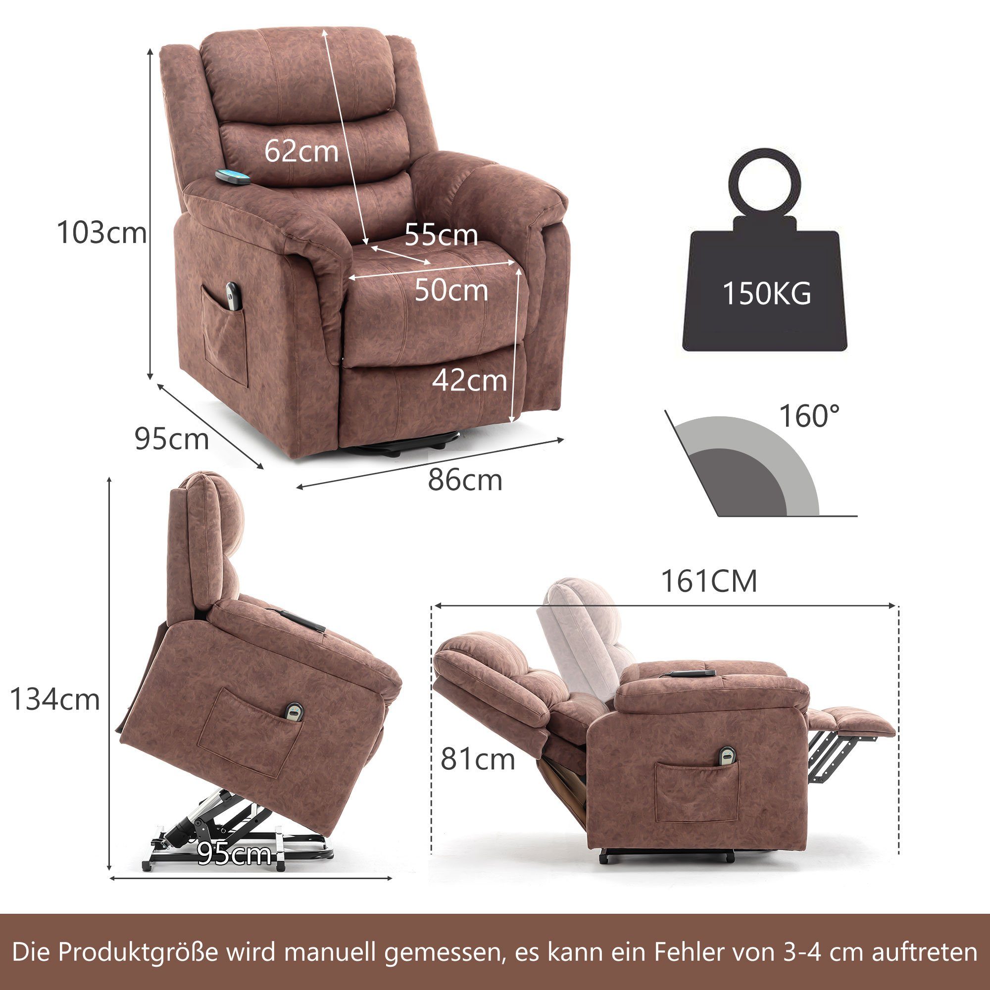 Ulife Braun Wärme, Aufstehhilfe, Massagesesel elektrisch TV-Sessel Relaxsessel