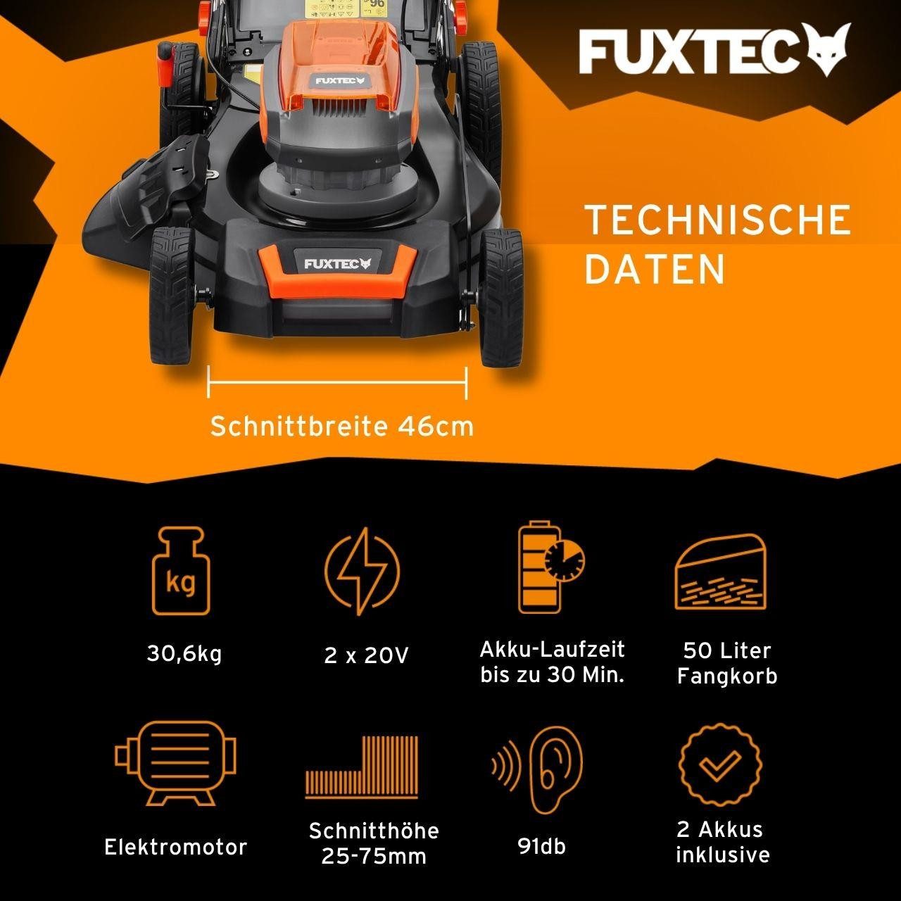 FUXTEC Akkurasenmäher FX-E2RM46SET, 46 cm Schnittbreite, 46 cm Schnittbreite, 50L Fangkorb, 2x 20V Akku, 25mm-65mm, Frontbumper