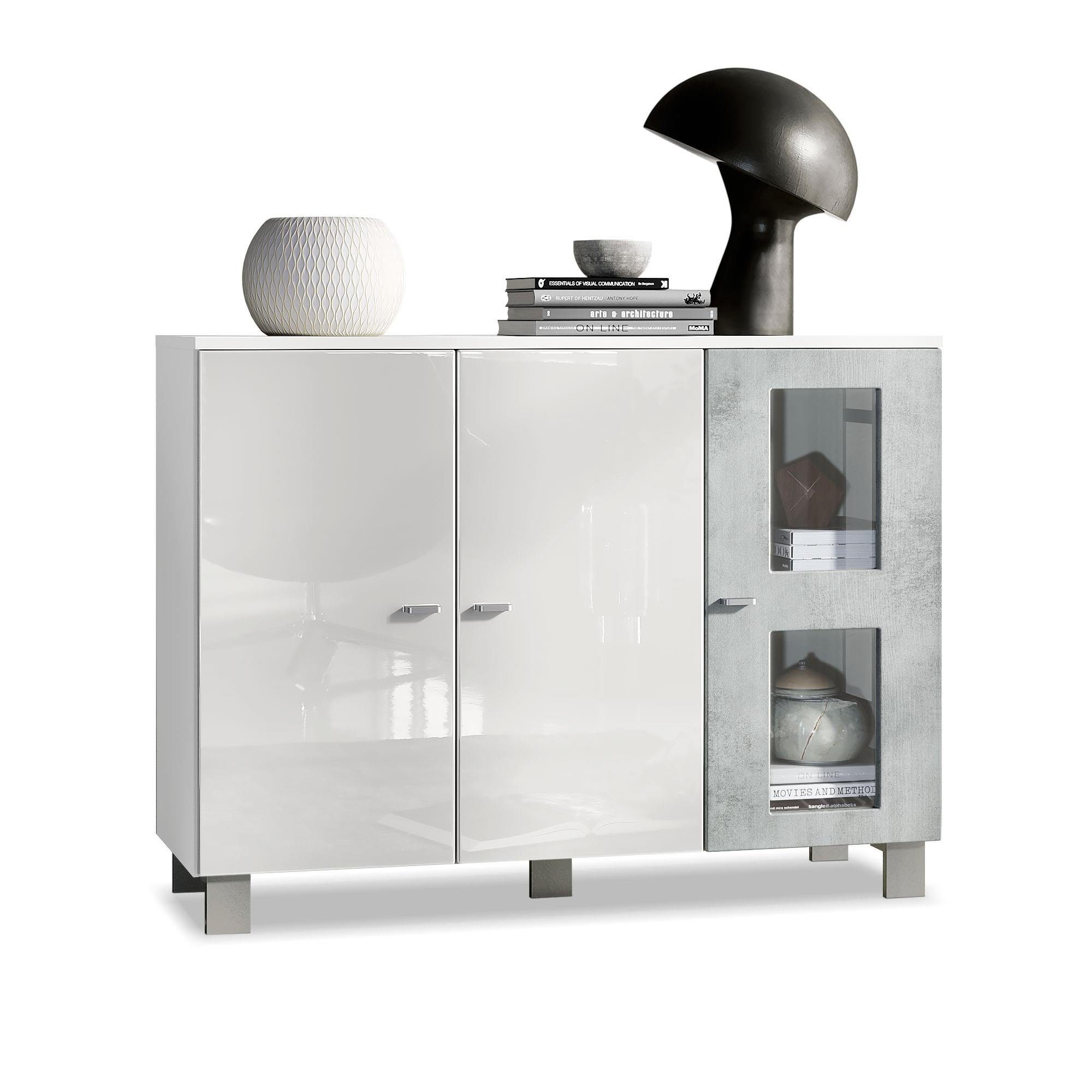 Vladon Sideboard Denjo (Kommode, mit 3 Türen), Weiß matt/Weiß Hochglanz/Beton Oxid Optik (107 x 81 x 35 cm)