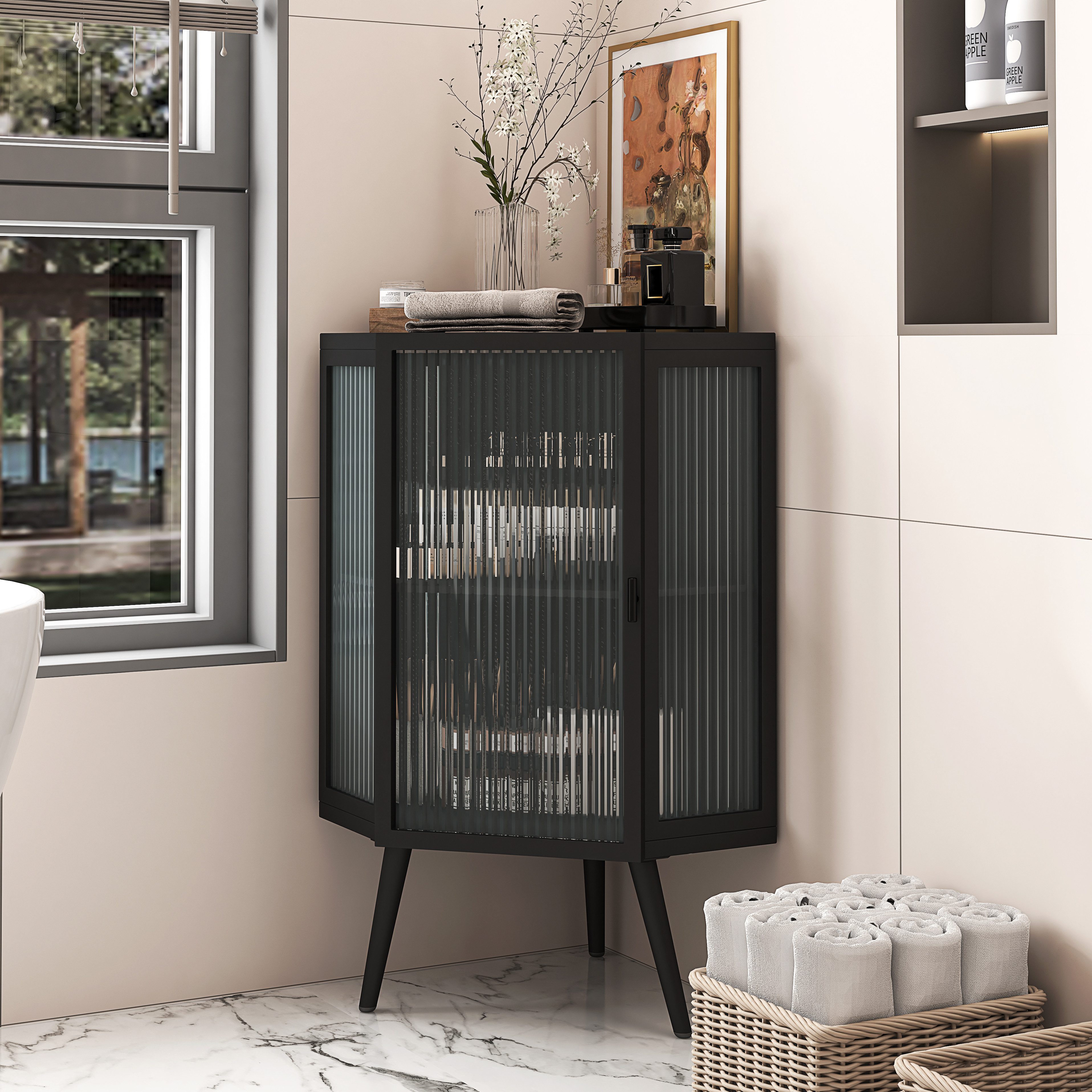 Celya Eckregal Eck-Unterschrank mit Tür aus gehärtetem Glas und verstellbarem Regal, für Badezimmer, Wohnzimmer, Schlafzimmer,Schwarz – Bild 3 von 5