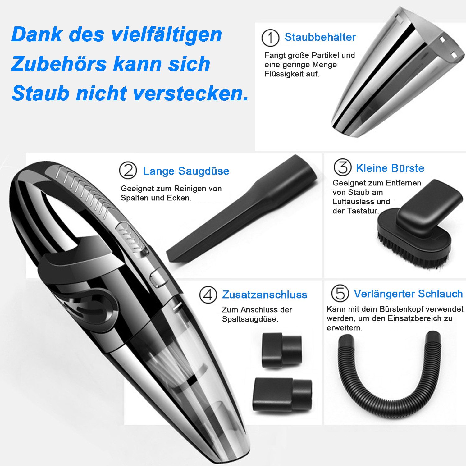 AIMAX Akku-Handstaubsauger Kabellos Handstaubsauger, 120W Handstaubsauger Akku Testsieger, 120 W, HEPA-Filter, mit Flacher Fugendüse, Verlängerungsschlauch, Aut – Bild 5 von 5