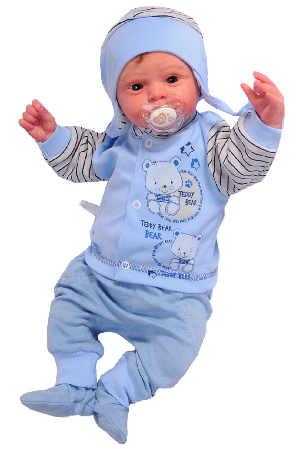 Langarmshirt & Hose Hemdchen Schlupfhose mit Fuß Mütze Baby Erstlingsausstattung Set