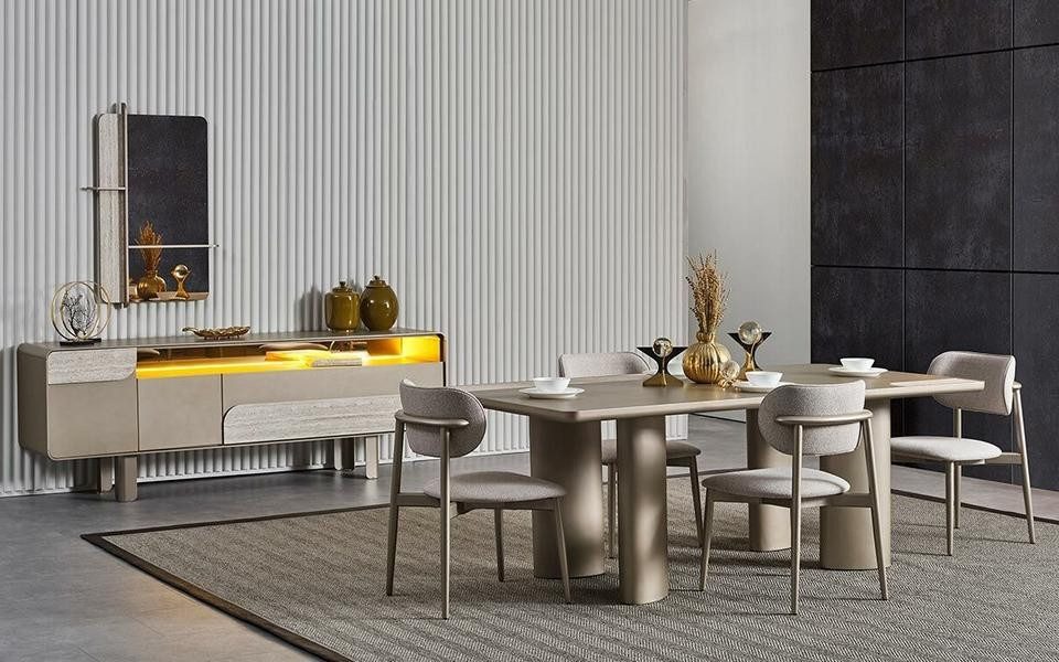 Essgruppe Esstisch-Set aus Holz in Beige mit Stühlen und Konsole