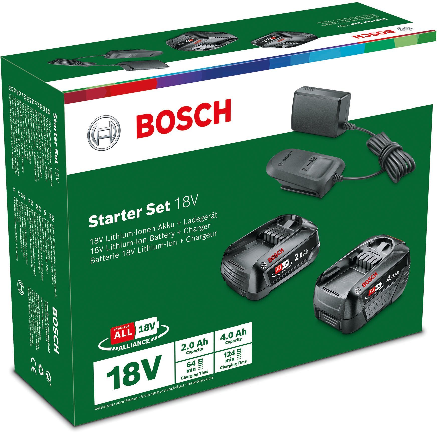 Bosch Home & Garden Akku V, St), Akkus 3 Ladegerät (18,0 Starter-Set und aus bestehend 2 1