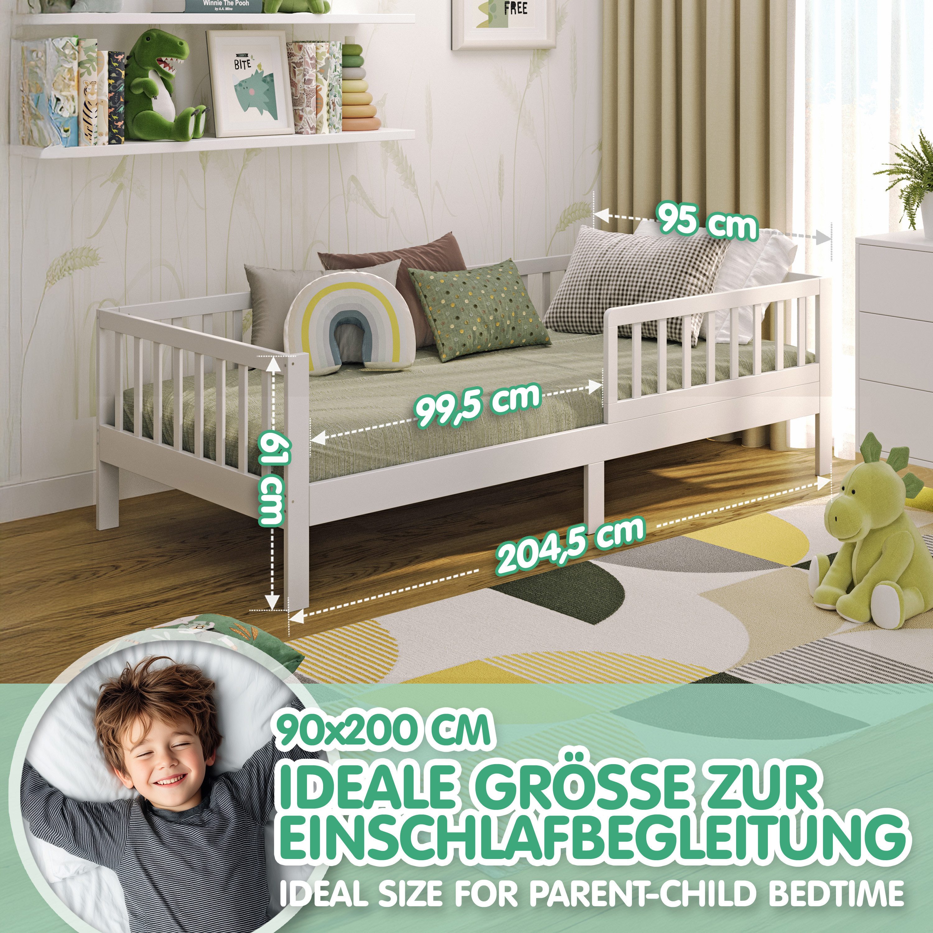 CADANI Kinderbett Nik - abnehmbarer Rausfallschutz - bis 200 kg belastbar (Jugendbett · bis 200 kg belastbar · inkl. Roll-Lattenrost), · Kiefer Massivholz · Farbe: Weiß
