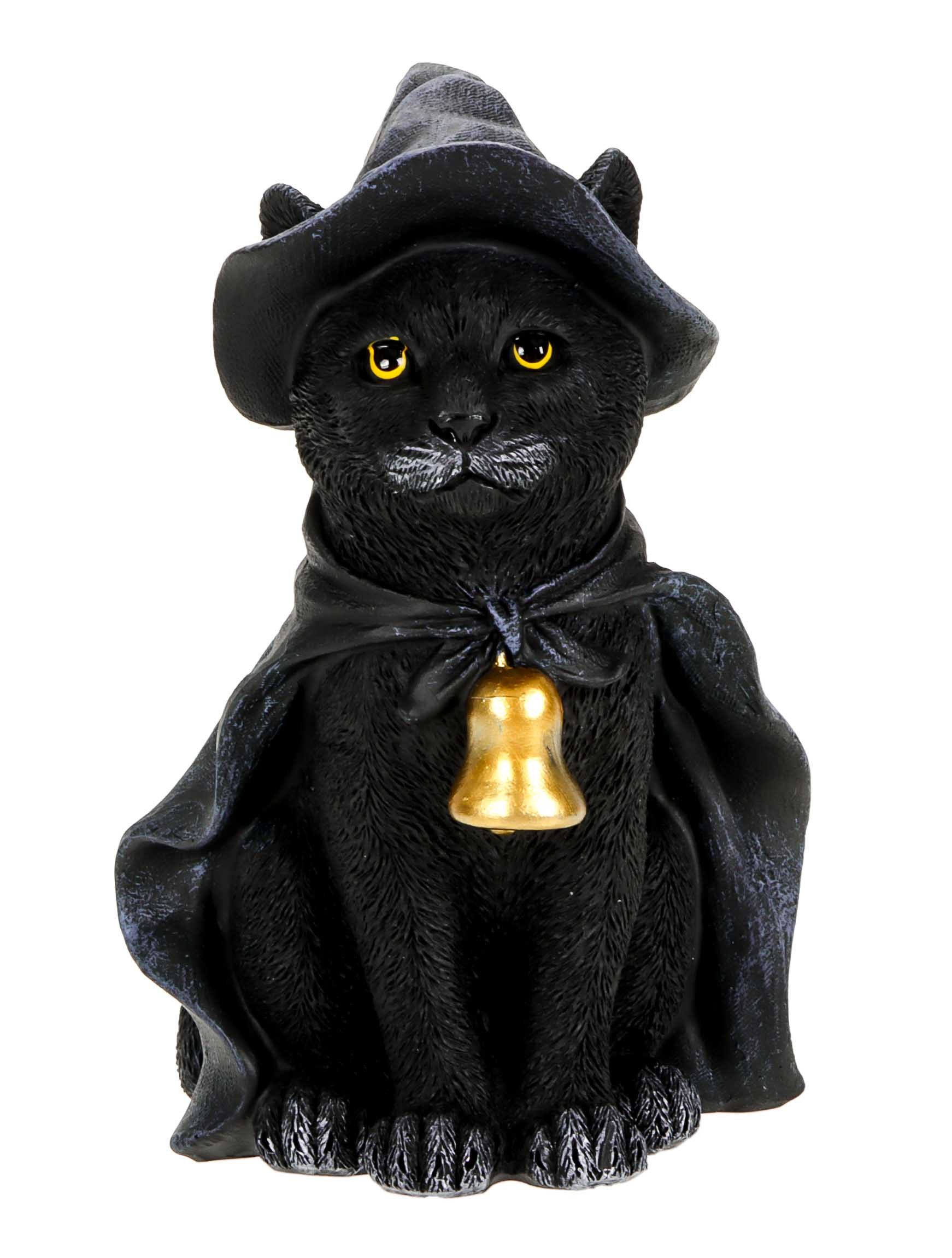 Wurm Dekofigur Hallween Deko (1 St., Katze mit Hexenhut, Cape & goldener Glocke), Halloween Hexenkatze