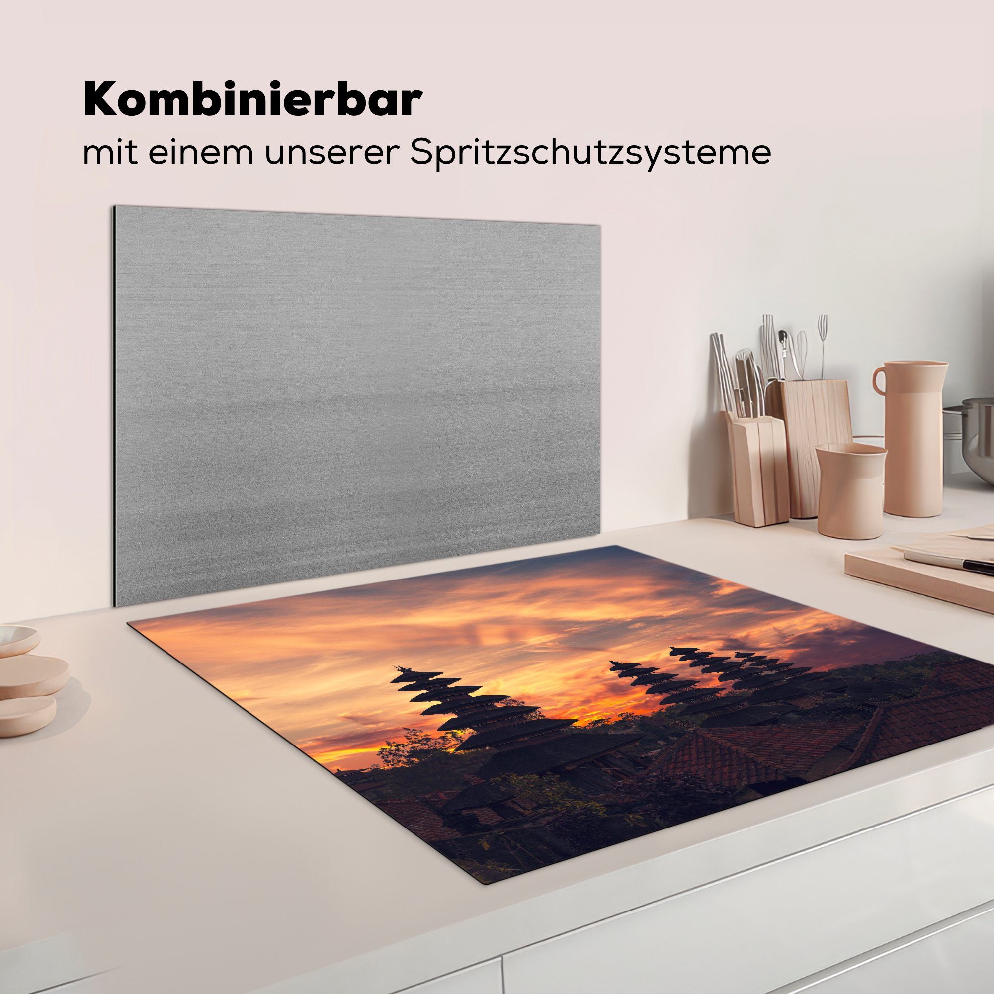 Ceranfeldabdeckung, 78x78 Herdblende-/Abdeckplatte Besakih-Tempel Pura in Vinyl, bei tlg), (1 Sonnenuntergang, küche cm, Bali für Arbeitsplatte MuchoWow