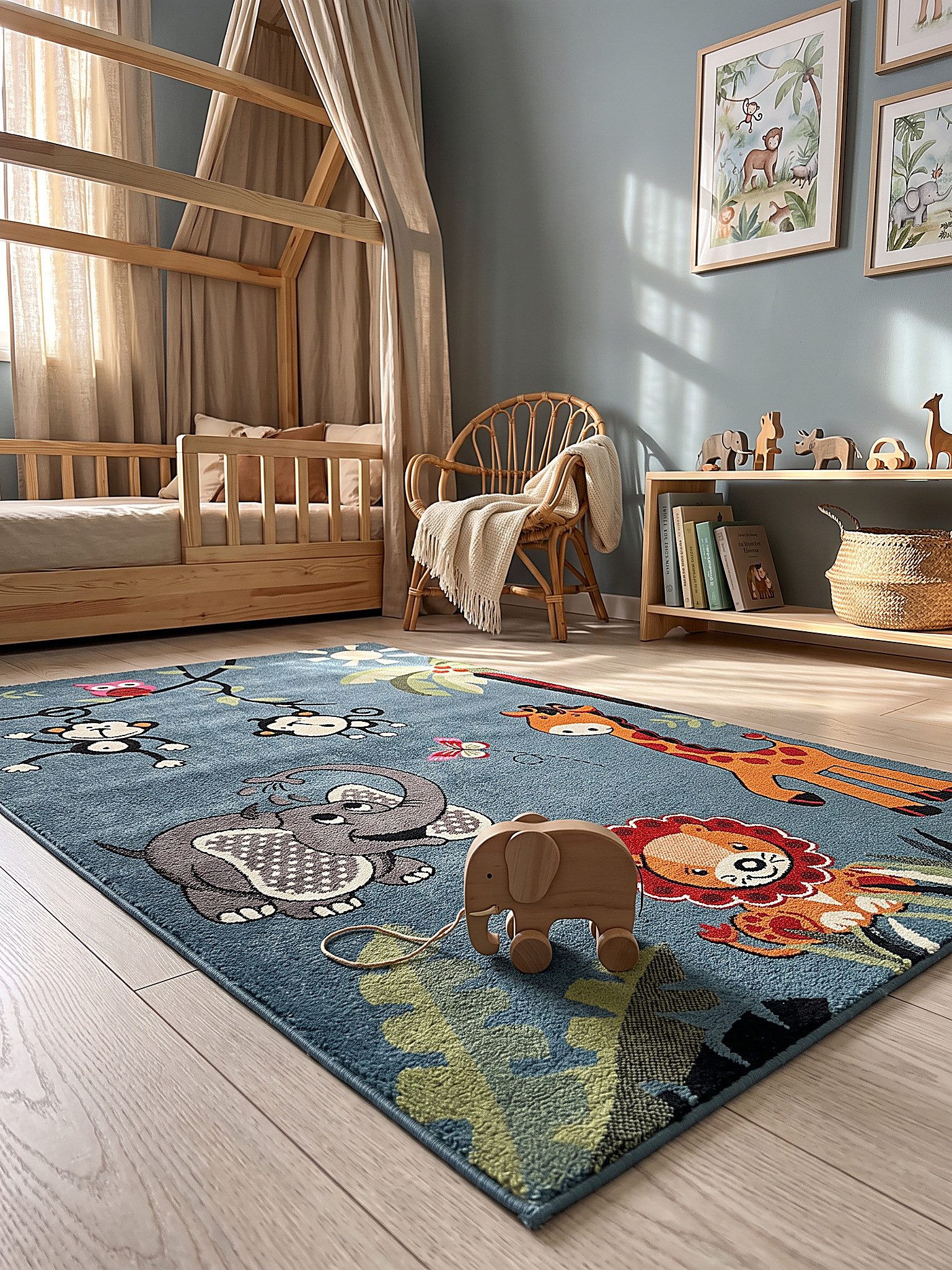 KADIMA DESIGN Kinderteppich CASOLA Teppich Kinder Blau 80x150 Dschungel Polypropylen Kinderzimmer, Läufer, Höhe: 14 mm, Fußbodenheizung geeignet, Strapazierfähig, Jute-Rücken, Kurzflor