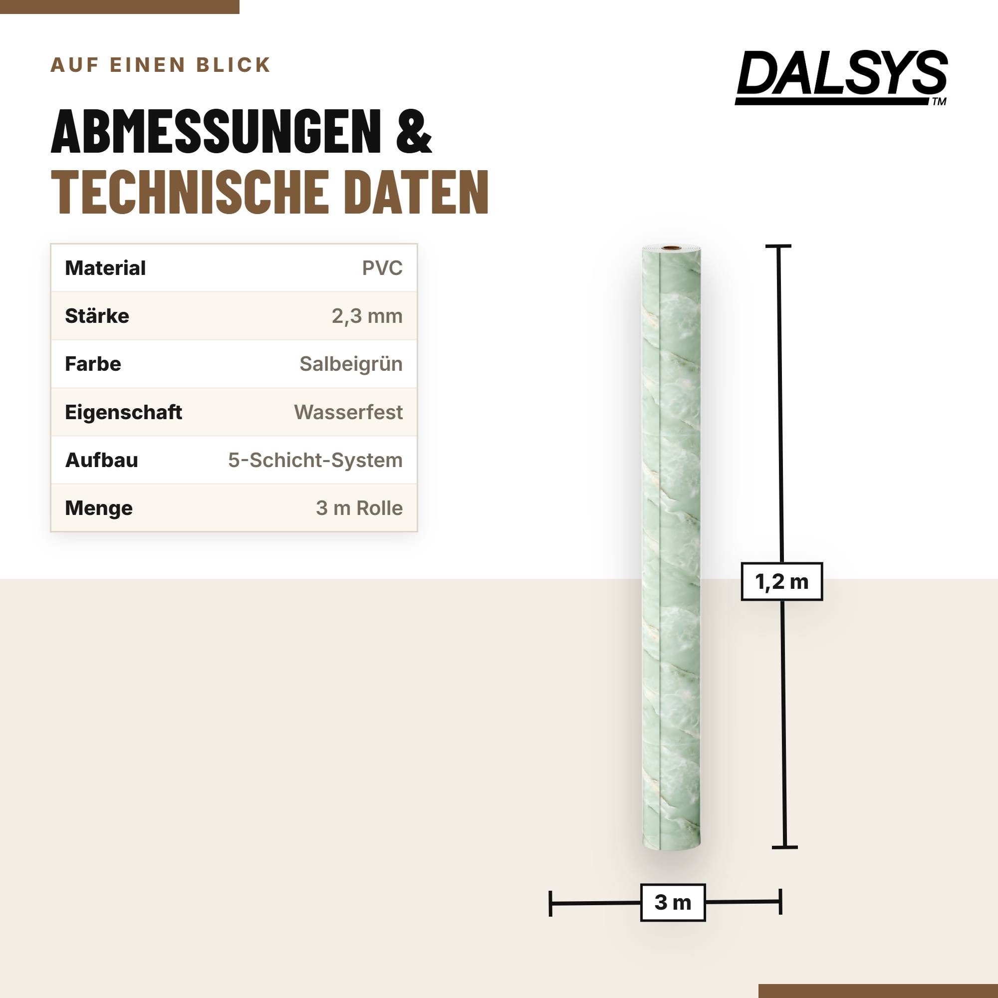 Dalsys Wandpaneel Wandverkleidung selbstklebend aus PVC auf Rolle, BxL: 120x300 cm, (120x300cm Marmoroptik Salbeigrün, 1-tlg., flexible Wandverkleidung Badezimm – Bild 2 von 5