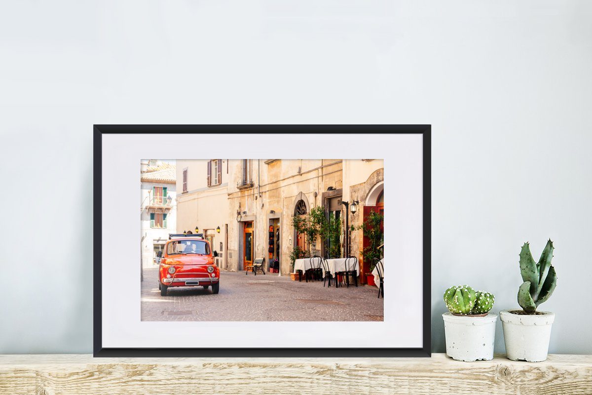 Straße Italien - Gerahmtes mit Auto, - Kunstdruck, MuchoWow (1 Poster Schwarzem - Poster, St), Oldtimer Rahmen, Bilderrahmen