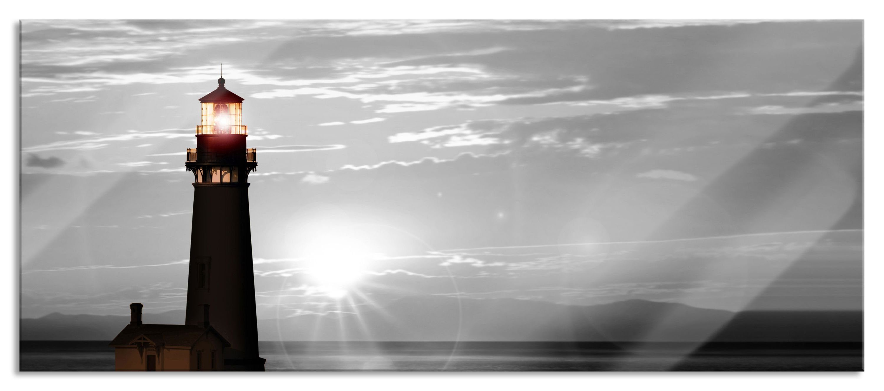Pixxprint Glasbild Leuchtturm im Sonnenuntergang, Leuchtturm im Sonnenuntergang (1 St), Glasbild aus Echtglas, inkl. Aufhängungen und Abstandshalter
