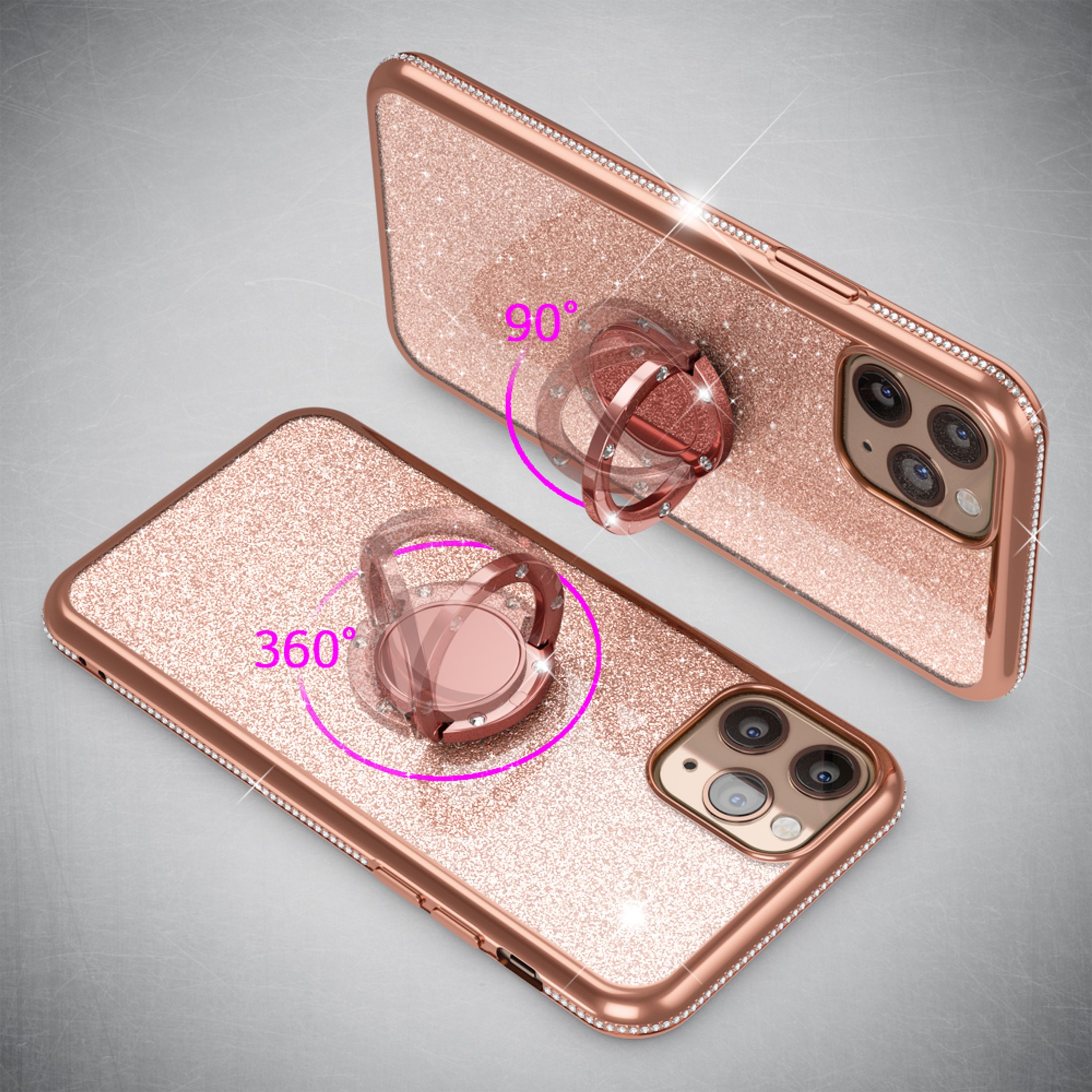 Nalia Smartphone-Hülle Apple iPhone 11 Pro 14,7 cm (5,8 Zoll), Glitzer Ring Silikon Hülle / 360 Grad Finger-Halter / Standfunktion
