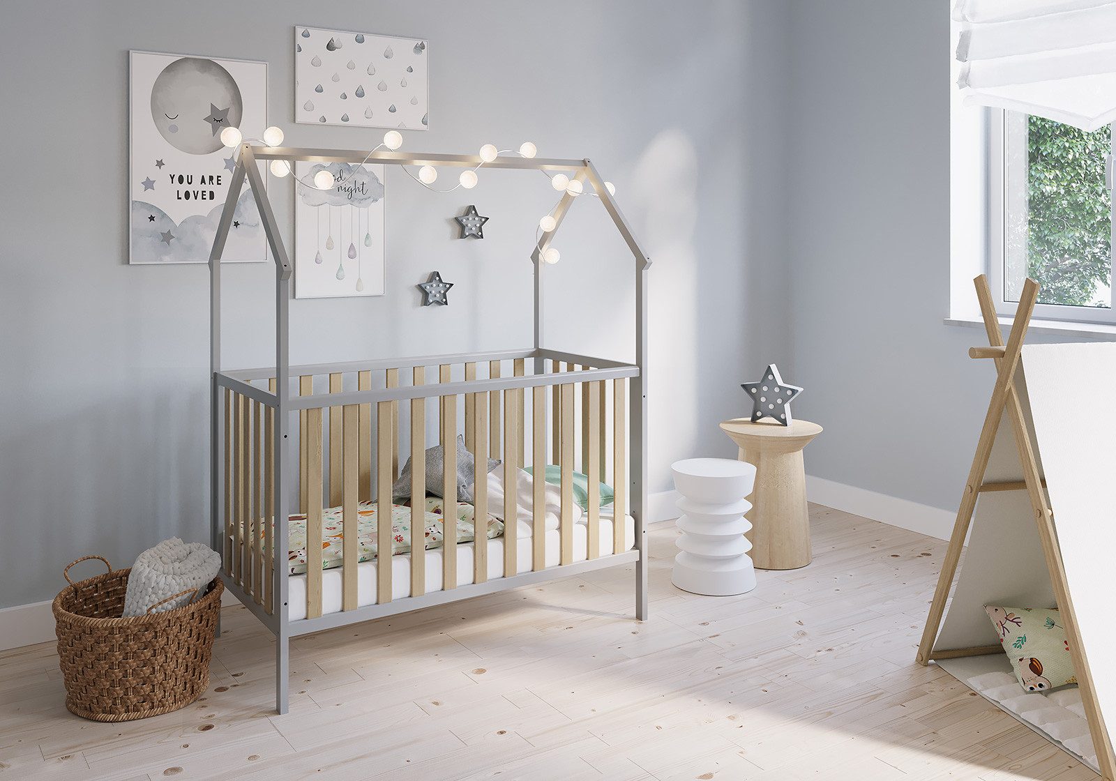 Kinderbett Hausbett Schlafmütze 120x60, grau lackiert / natur