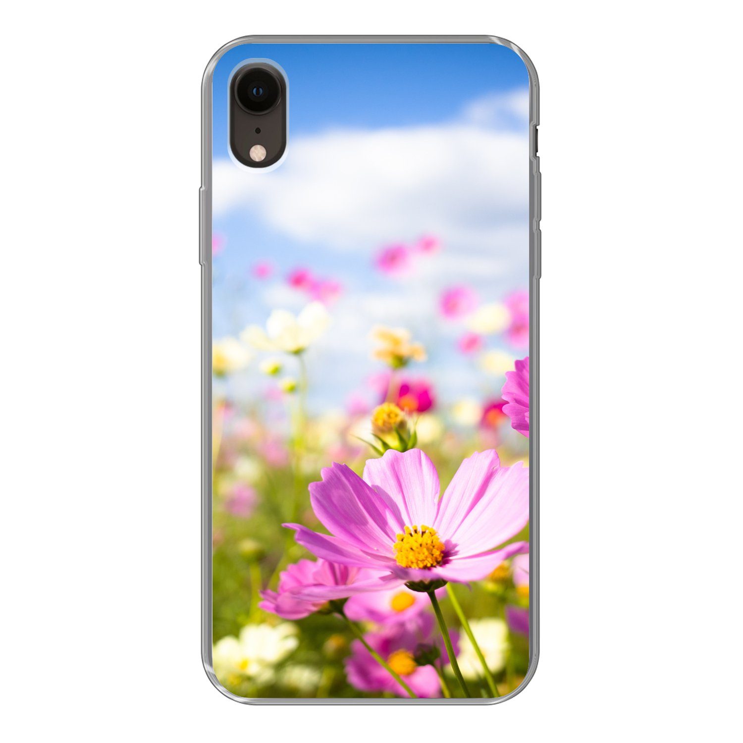MuchoWow Handyhülle für Apple iPhone XR Blumen - Wiese - Lila - Gras - Weiß - Wolken - Bla, Smartphone-Bumper, Print, Handy Schutzhülle Dünn