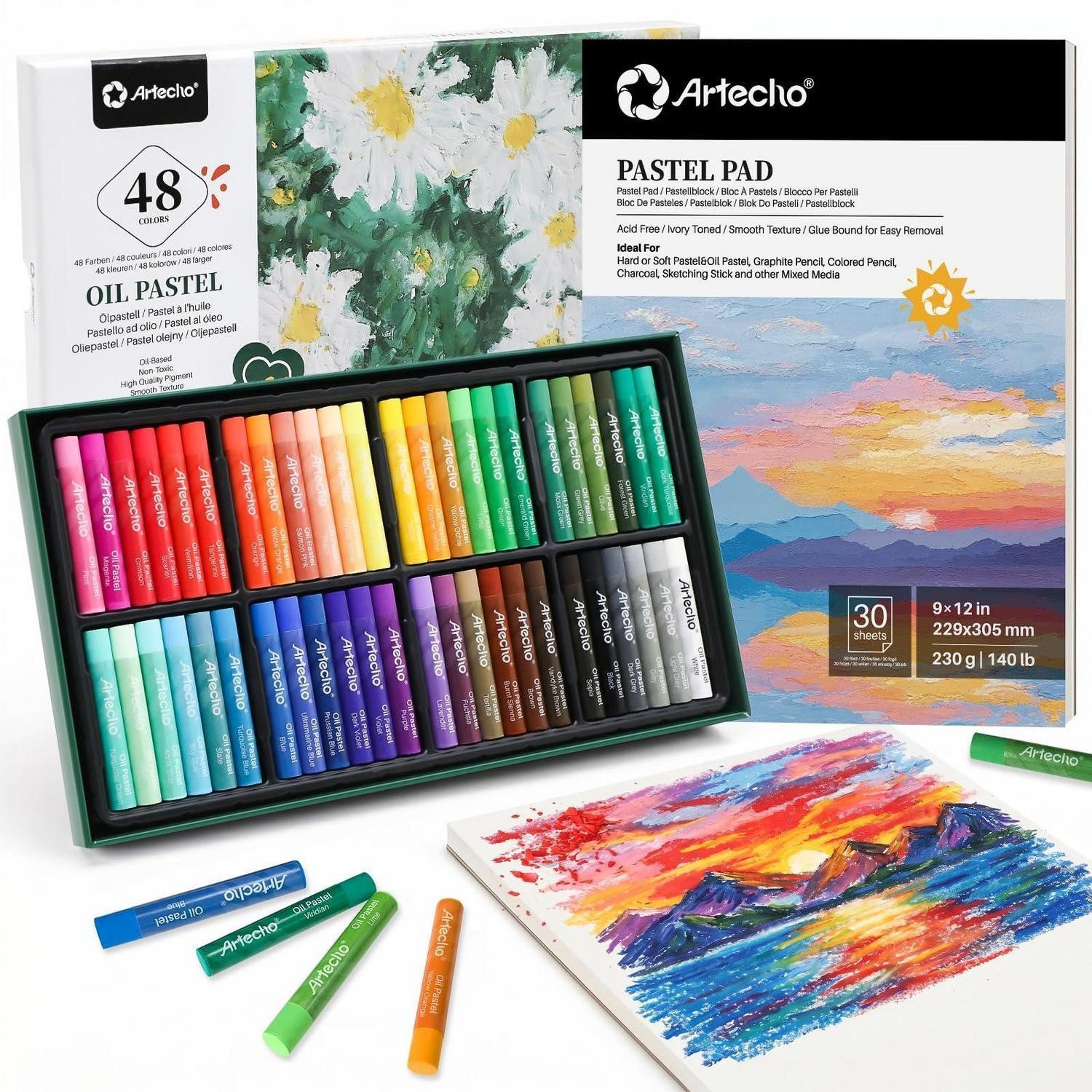 LuxusKollektion Wachsmalstift Ölpastell-Set 48 Farben mit Papierblock