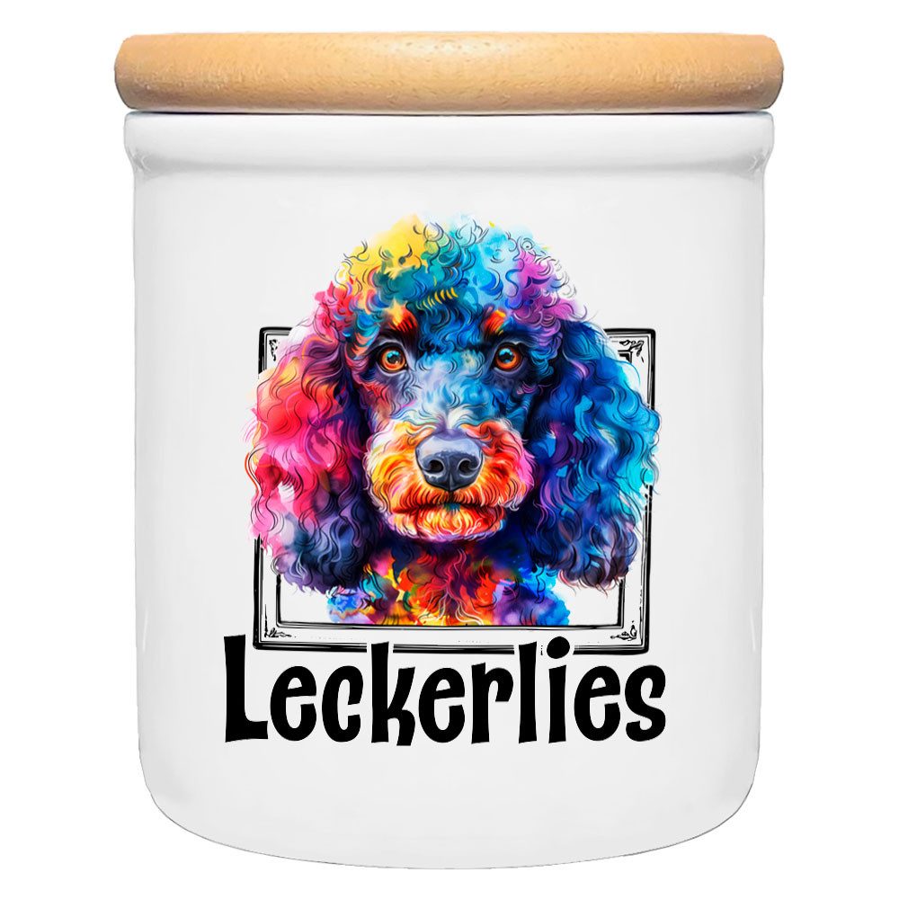 Cadouri Vorratsdose PUDEL - Leckerlidose Hund - für Hundekekse, Keramik, (Leckerlidose mit Hunderasse, 2-tlg., 1x Keramikdose mit Holzdeckel), Hundekeksdose, handgefertigt in Deutschland, für Hundebesitzer, 400 ml