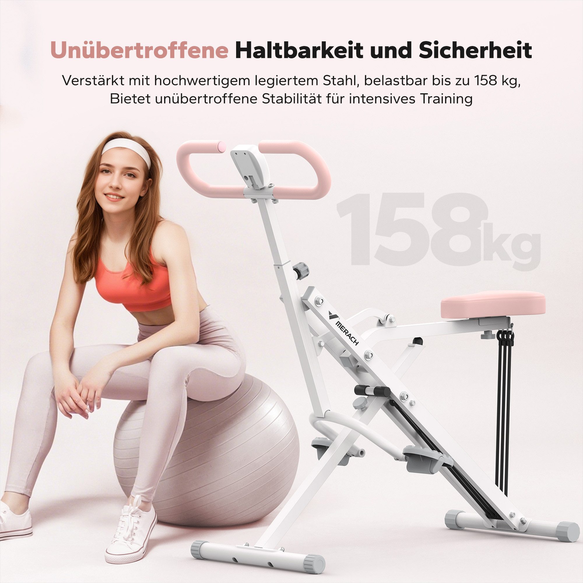 MERACH Bauchtrainer Fitnessgerät für Zuhause, Bauchmuskeltrainer, Rückentrainer (3 einstellbare Widerstandsbänder, bis 158 kg belastbar, klappbar, Platzsparend, verstellbarem Sitz, Armlehne und Lenker, LCD-Monitor), Kniebeugentrainer, Heimtrainer, Bauchtrainer für Ganzkörpertraining