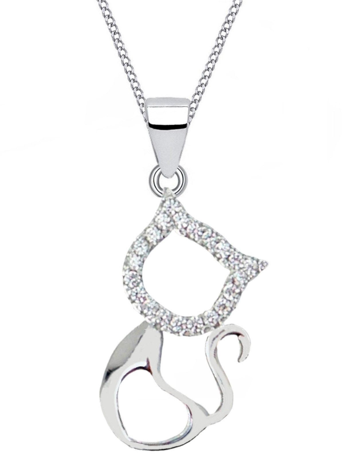 Kette mit Anhänger Halskette Silber Katze Herz 925 Sterling Zirkonia Anhänger mit Kette