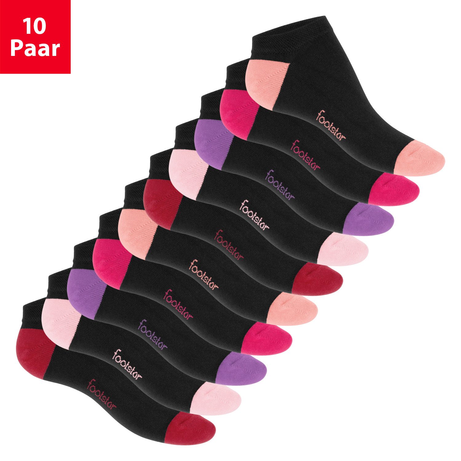 Footstar Sneakersocken 10 Paar Sneaker Socken für Damen & Herren - Bunte Ferse & Spitze