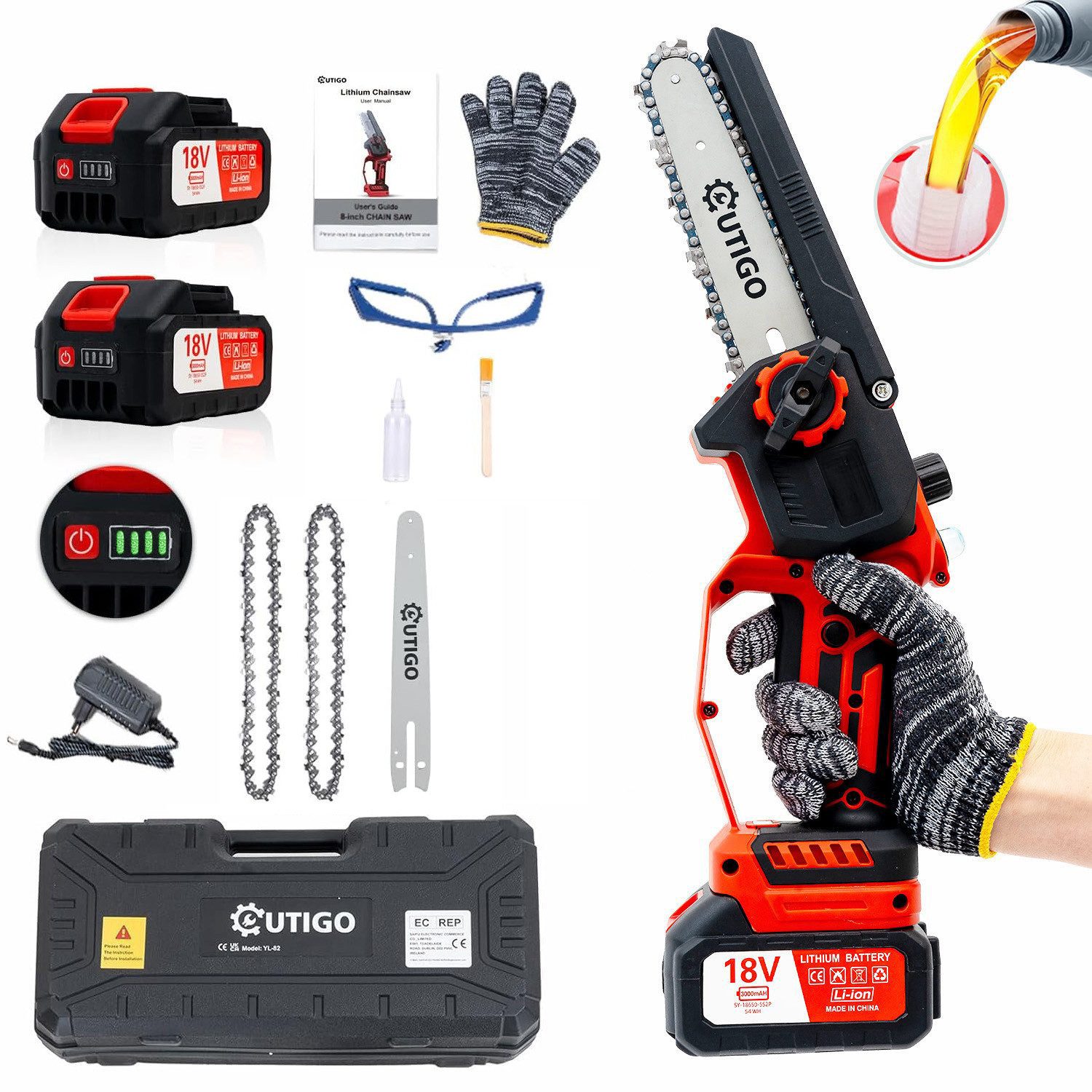 OUTIGO Akku-Kettensäge 6 ZOLL, 15,00 cm Schwertlänge, 3Ah Akku, Mini Kettensägen mit Akku, 6000mAh,Akku-Elektro-Kettensäge,800 W