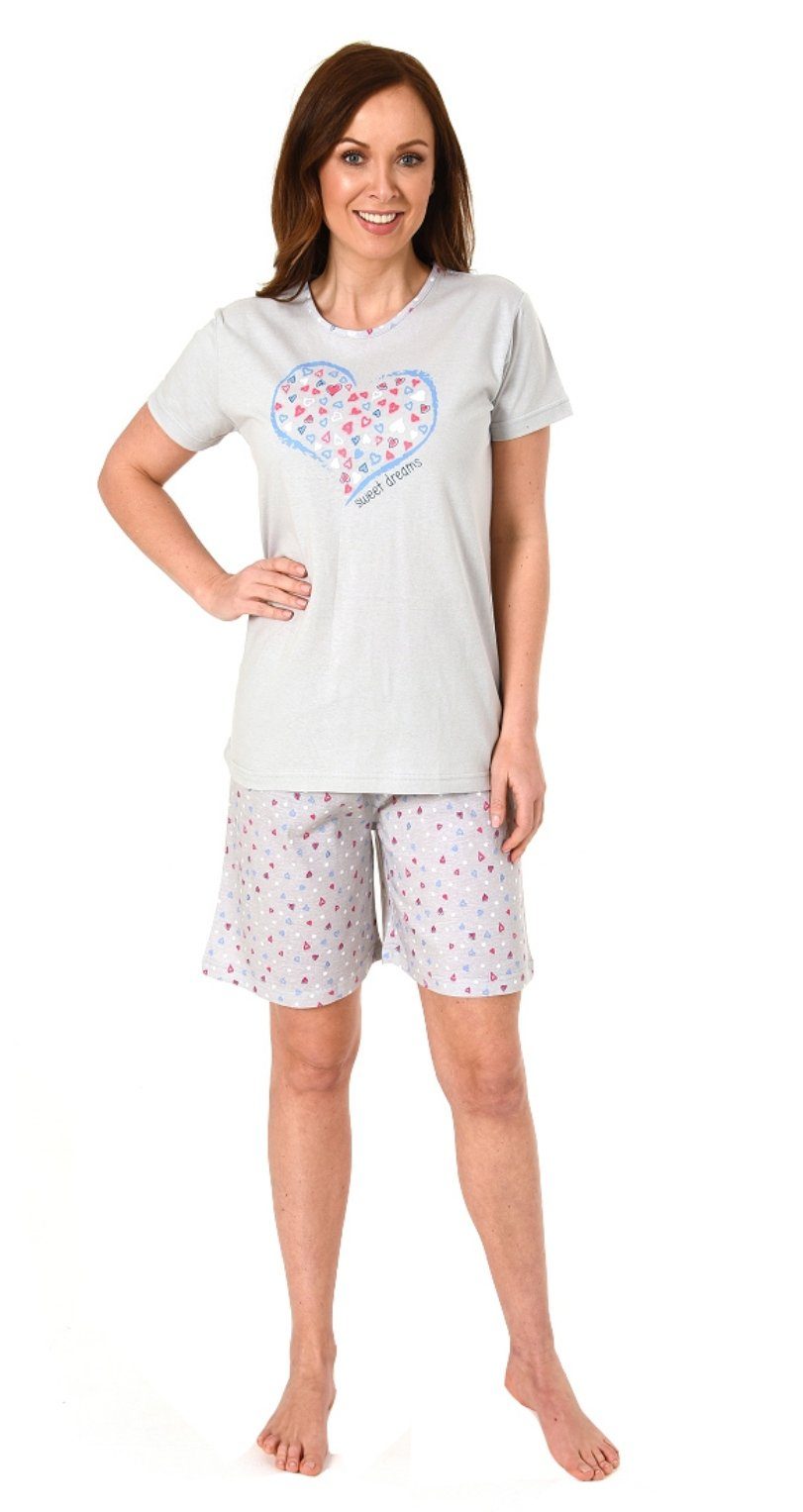 Normann Pyjama Damen kurzarm Pyjama Shorty in romantischem Design mit Herzchen grau