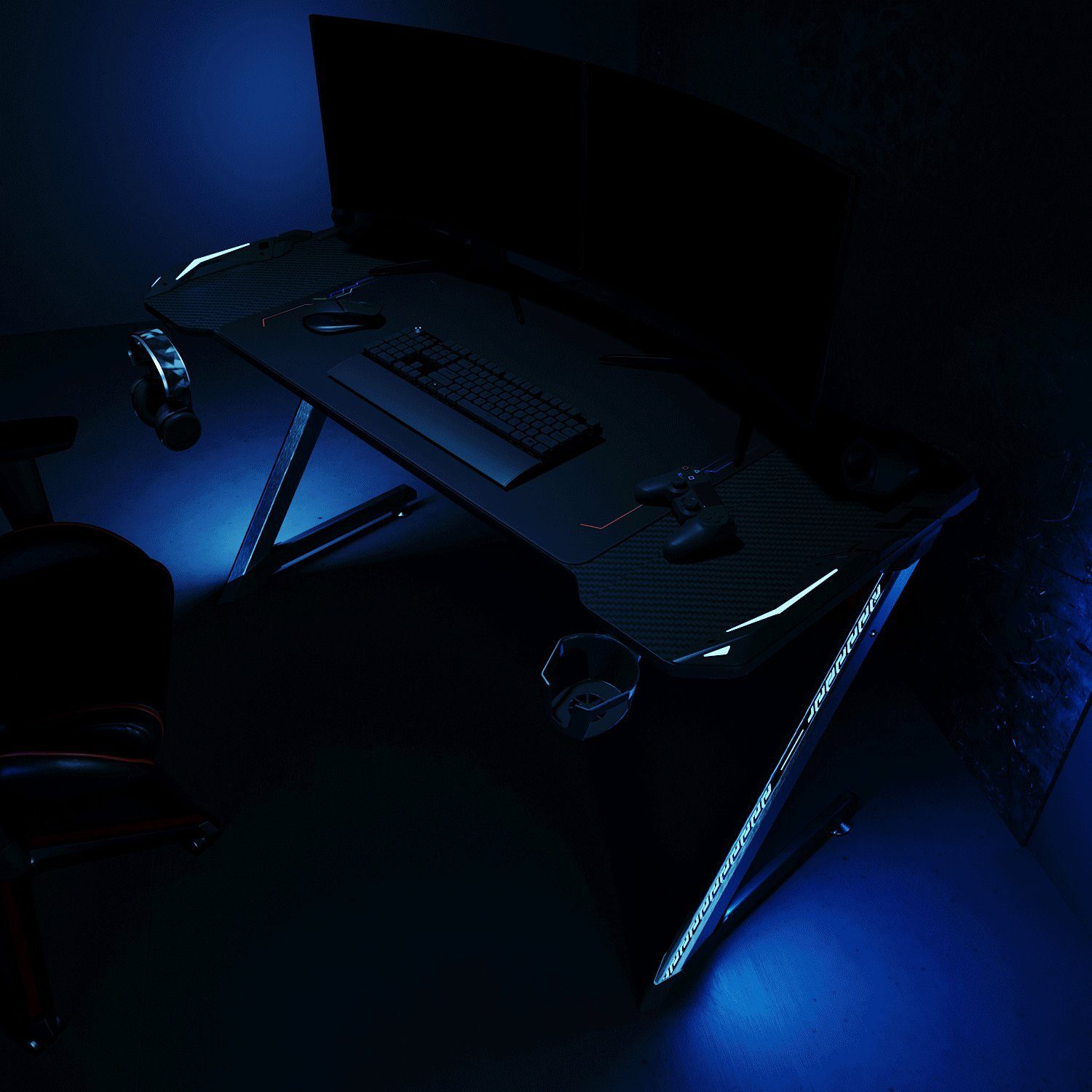 Gamingtisch Gaming mit LED Getränkehalter cm ergonomische, mit PC und SONNI 140 Desk Computertisch Schreibtisch Kopfhörerhaken