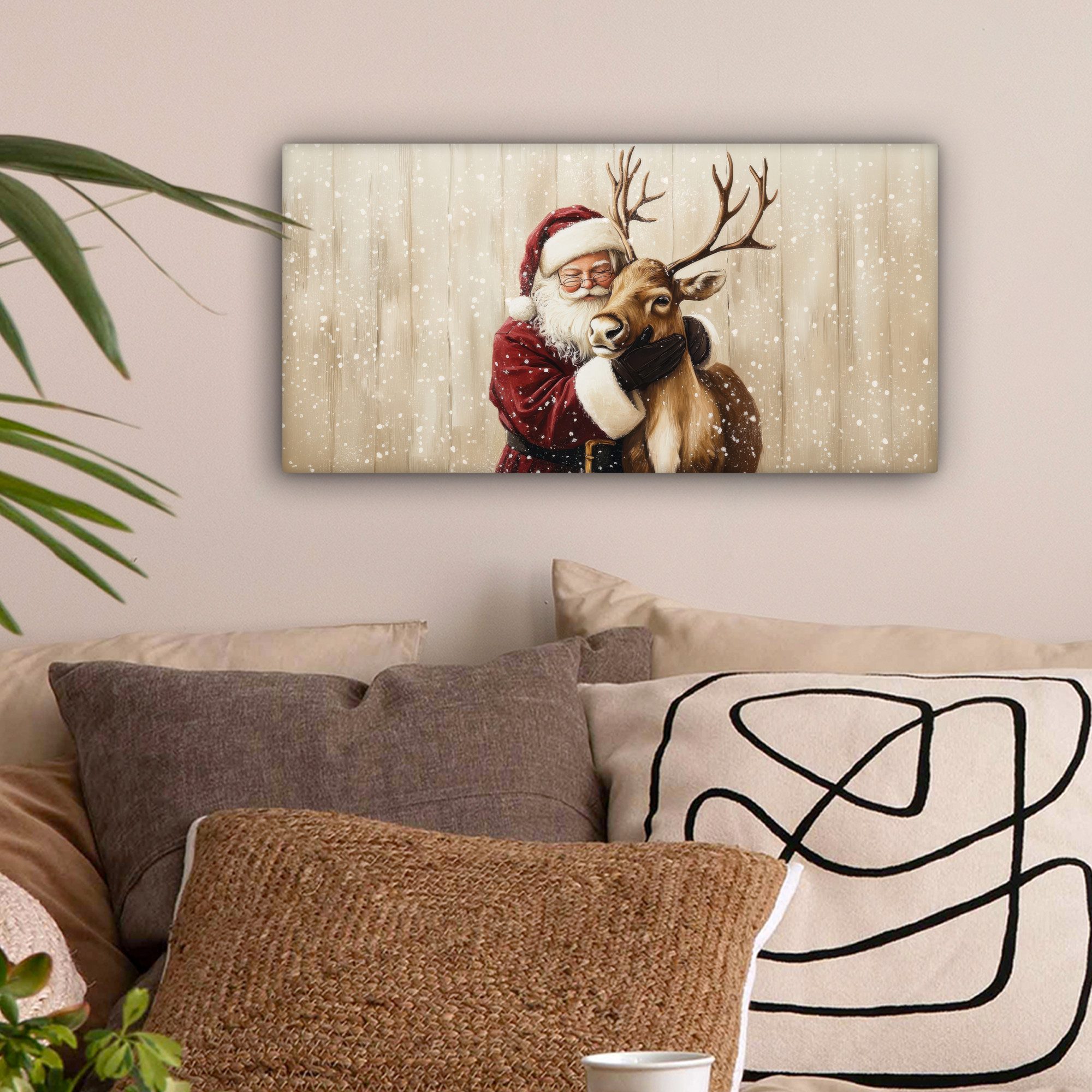 OneMillionCanvasses® Leinwandbild Panorama Weihnachtsmann - Rentier - Schnee - Bunt, Fotodruck (1 St), Wandbild, Deko Schlafzimmer Wohnzimmer Flur 40x20 cm