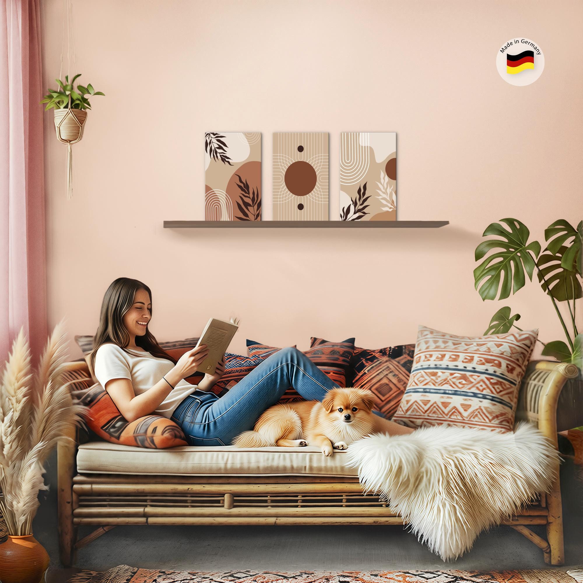 Novart Wandbild Abstrakt für Schlafzimmer Büro 3 Bilder Beige Blätter N041730b, 20 x 30 cm - 3 Bilder