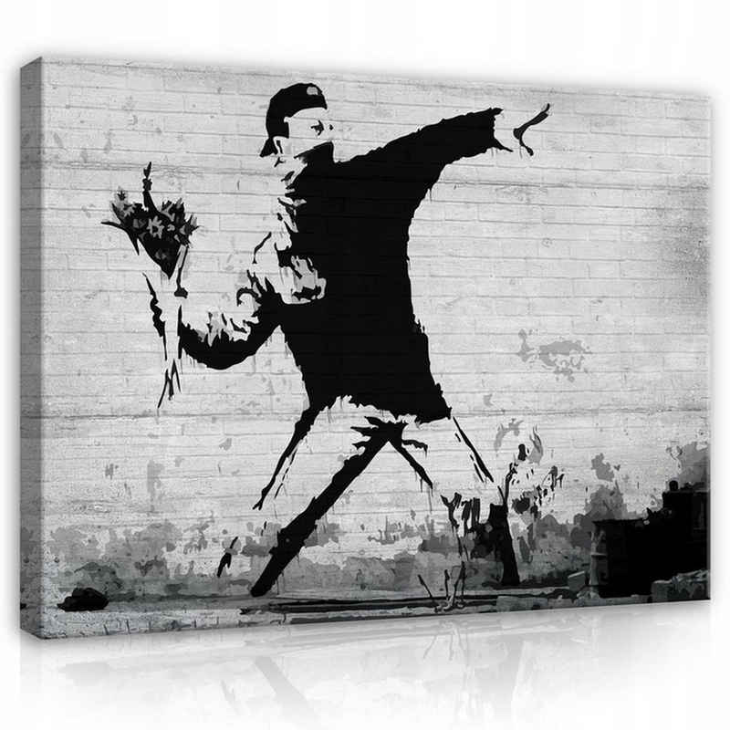 Wallarena Leinwandbild Graffiti BANKSY Streetart Kunst Mann mit Blumenstrauß Wandbild Groß XXL Wandbilder Leinwandbilder Modern Canvas Kunstdruck Bild Auf Leinwand Bilder für Wohnzimmer Schlafzimmer, (Einteilig), Aufhängefertig