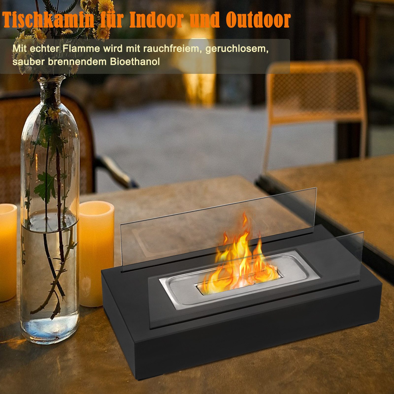 FIVMEN Tischfeuer Ethanol Tischkamin Indoor Outdoor Eckig/Rund Kamin Tischfeuerstelle (inkl Natursteinen, Unendliche Brenndauer, Balkon Deko Garten) – Bild 5 von 5