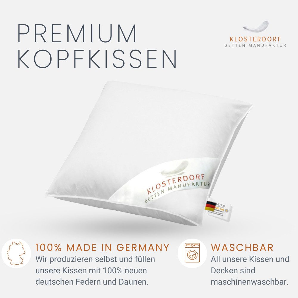 Klosterdorf Betten-Manufaktur Daunenkissen Premium Kuschelkissen Reisekissen - fritzchen - 40x40 cm -, Füllung: Daunenkissen Daunenkopfkissen Federkissen Kissen, Reisekissen, Kuschelkissen, Bauchschläfer, Seitenschläfer, Rückenschläfer, Für erholsamen und gesunden Schlaf, liebevolle Handarbeit aus unserem deutschen Familienbetrieb