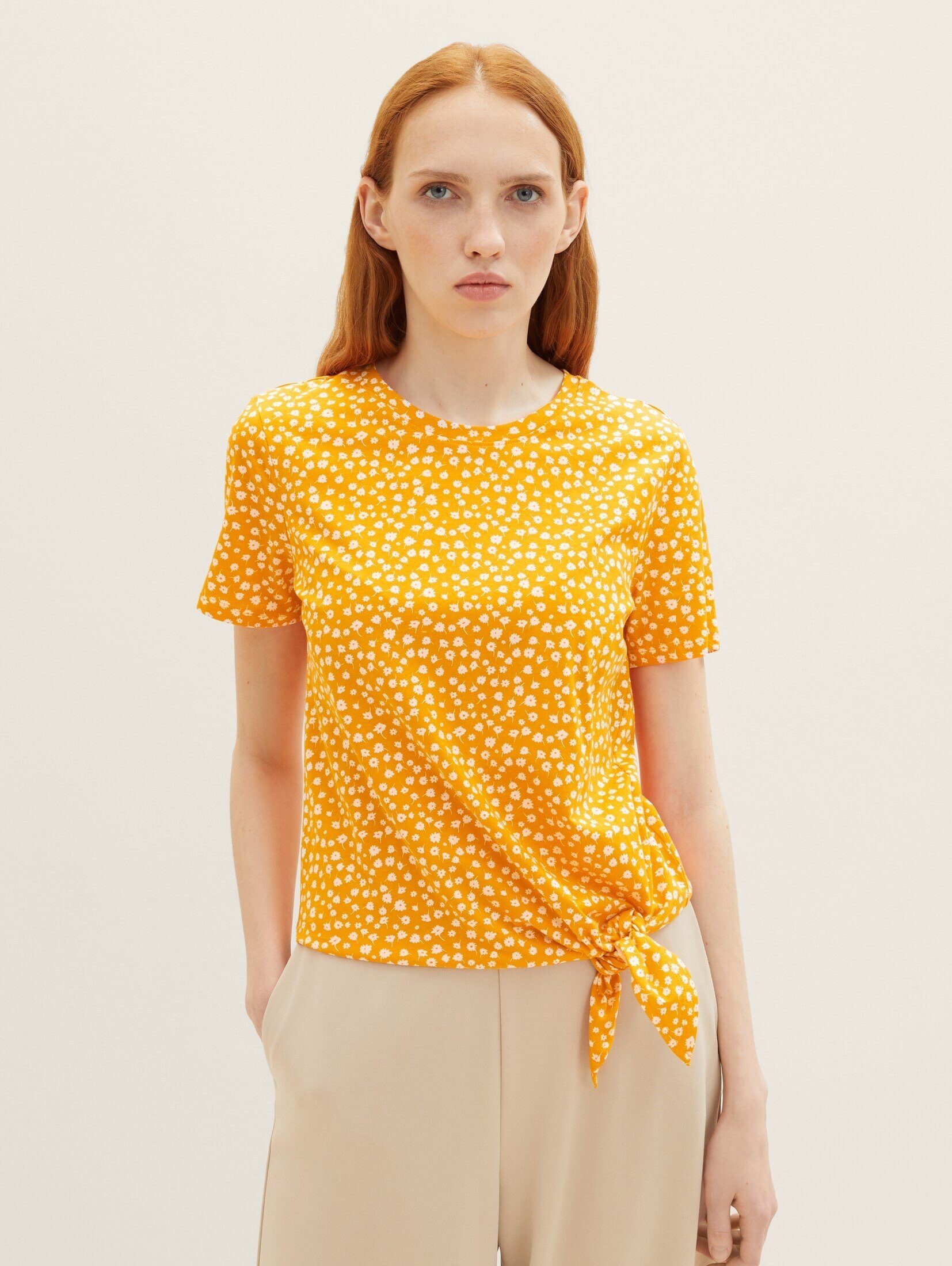 TOM TAILOR Denim Langarmshirt T-Shirt mit Knotendetail orange flower print