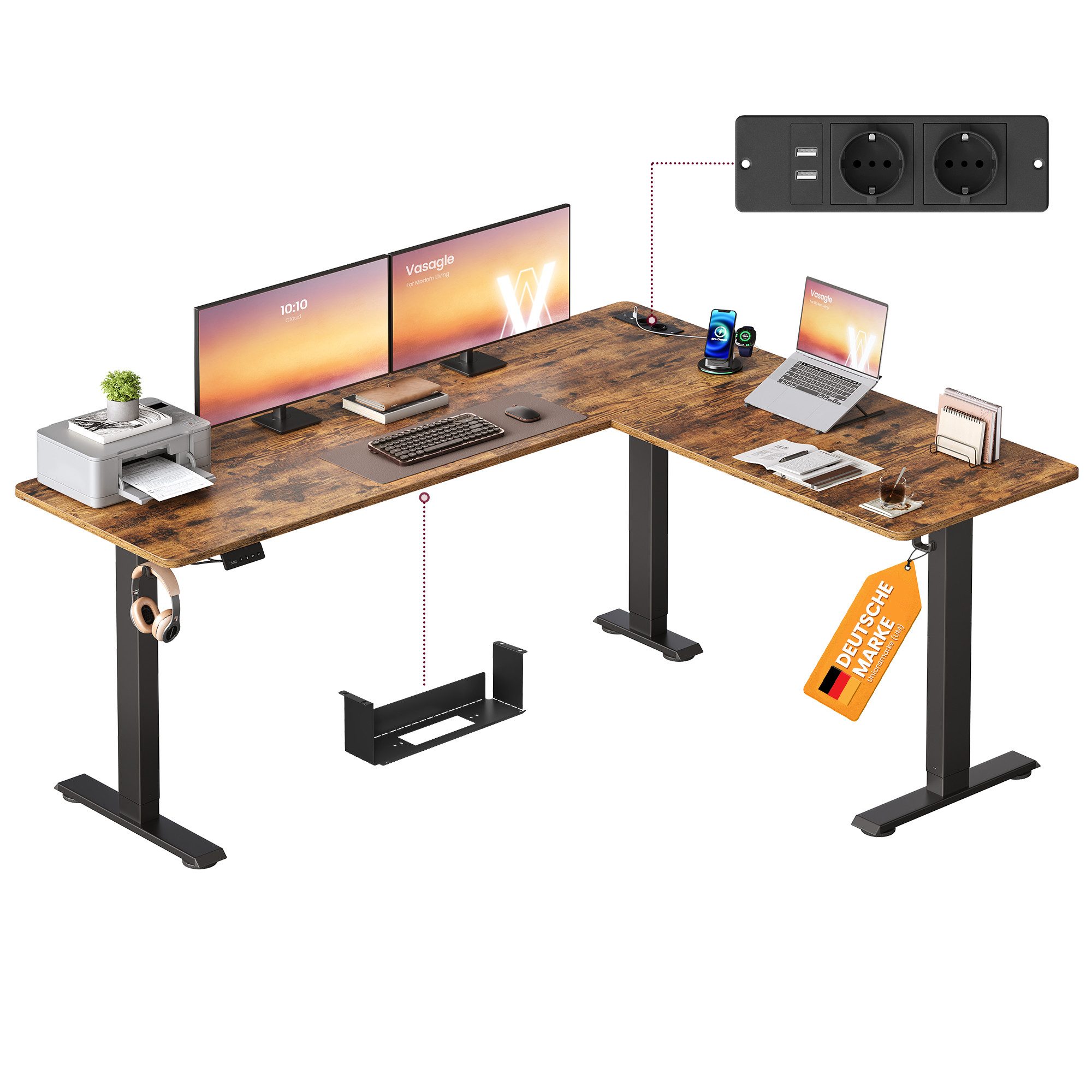 VASAGLE Schreibtisch Höhenverstellbarer Schreibtisch elektrisch (L-förmiger Eckschreibtisch), 2 AC-Steckdosen, 2 USB-A-Anschlüsse, Ablage für Steckdosenleiste