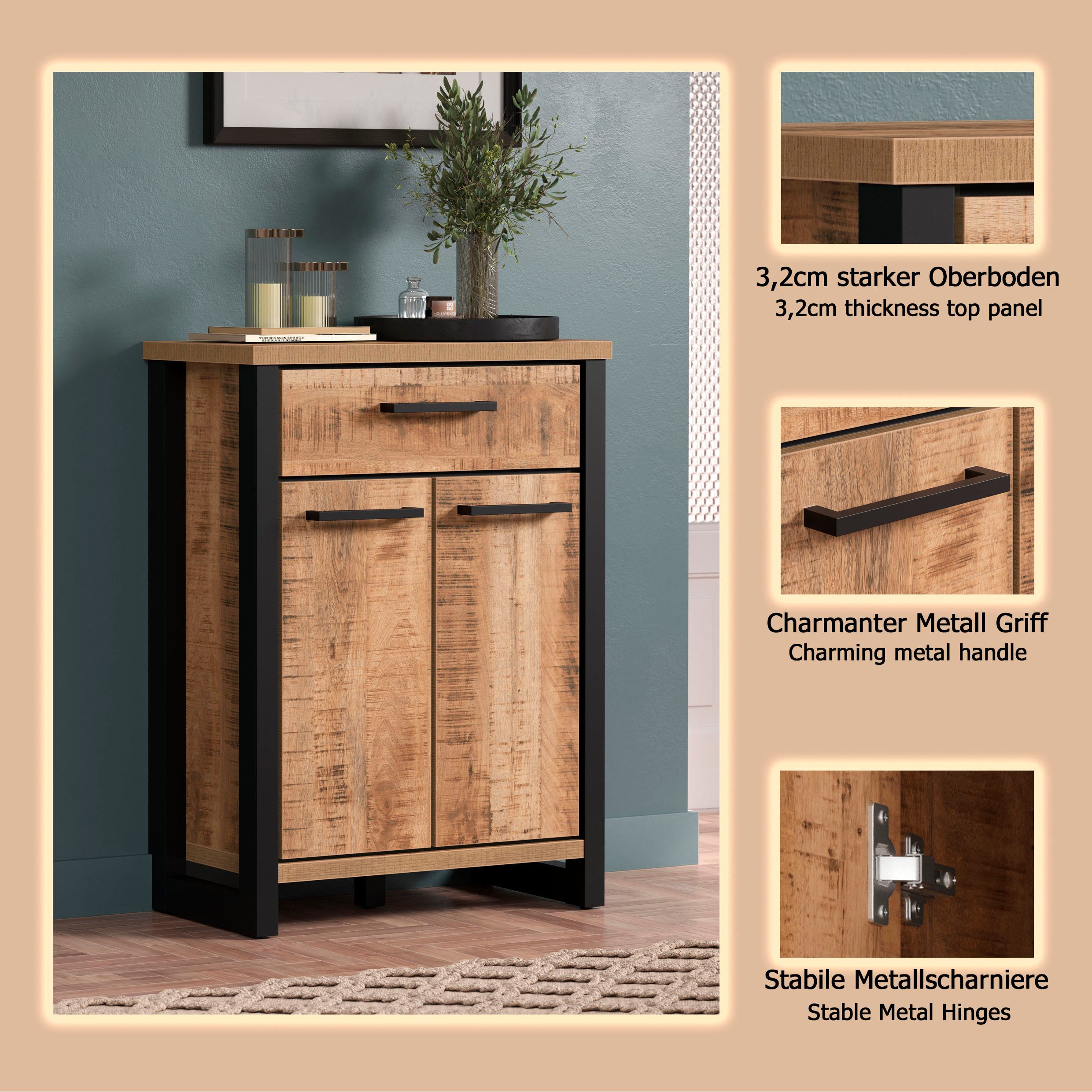 Home affaire Kommode Elda (1 St), Kommode mit 2 Türen, 1 Schublade mit Vollauszug – (B/T/H) 73/39/100 cm