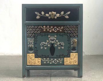 OPIUM OUTLET Nachtkonsole Kommode blau Nachtkästchen Nachtschrank (Vintage-Stil, shabby-chic, Schlafzimmer, Flur, Diele, komplett montiert, asiatisch, chinesisch, orientalisch), kleiner Schrank Nachtkommode Nachttisch