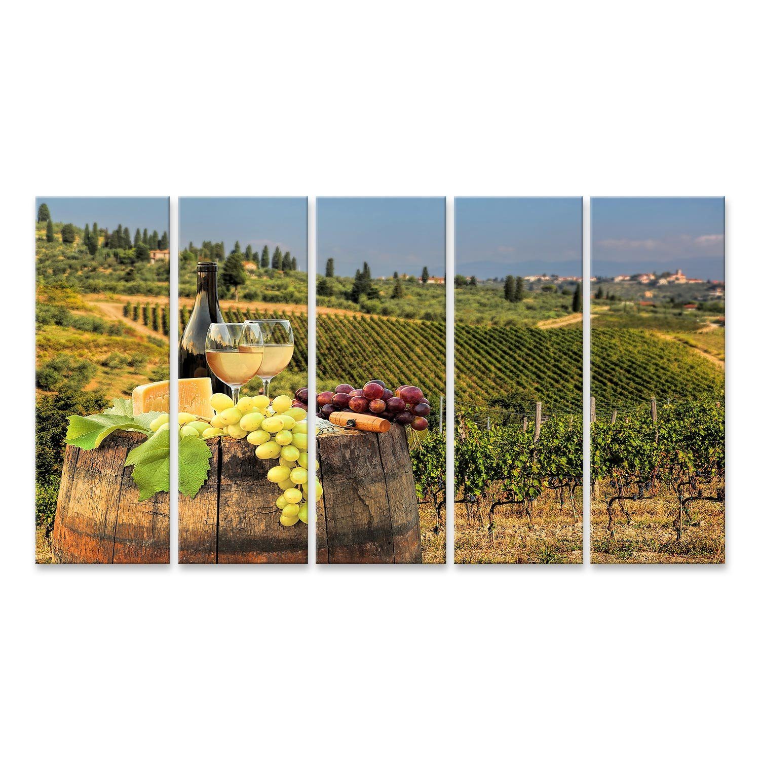 Leinwandbild Bild auf Leinwand Weißwein mit Fass auf Weinberg in Chianti Toskana It