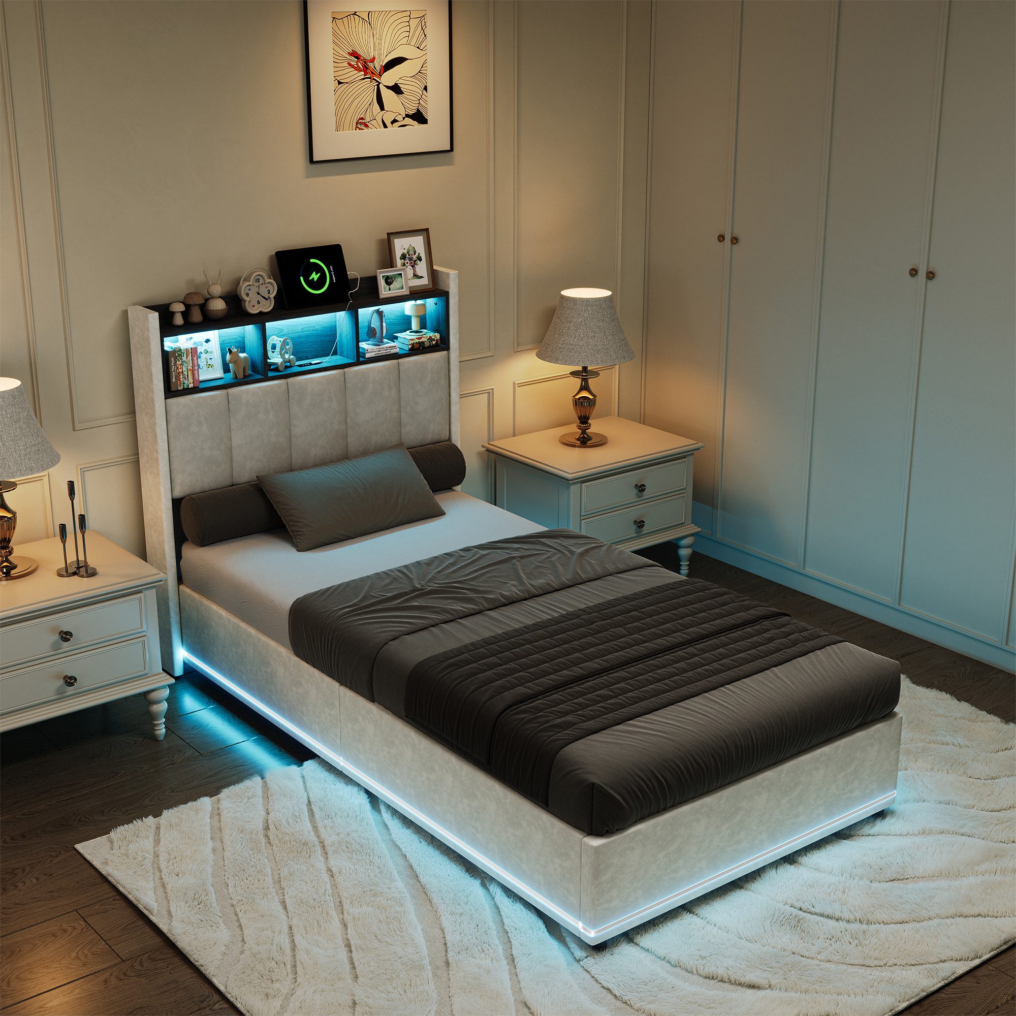 PXloue Polsterbett LED Doppelbett, Bettkasten, Ladefunktion, Samt, 90x200 c günstig online kaufen